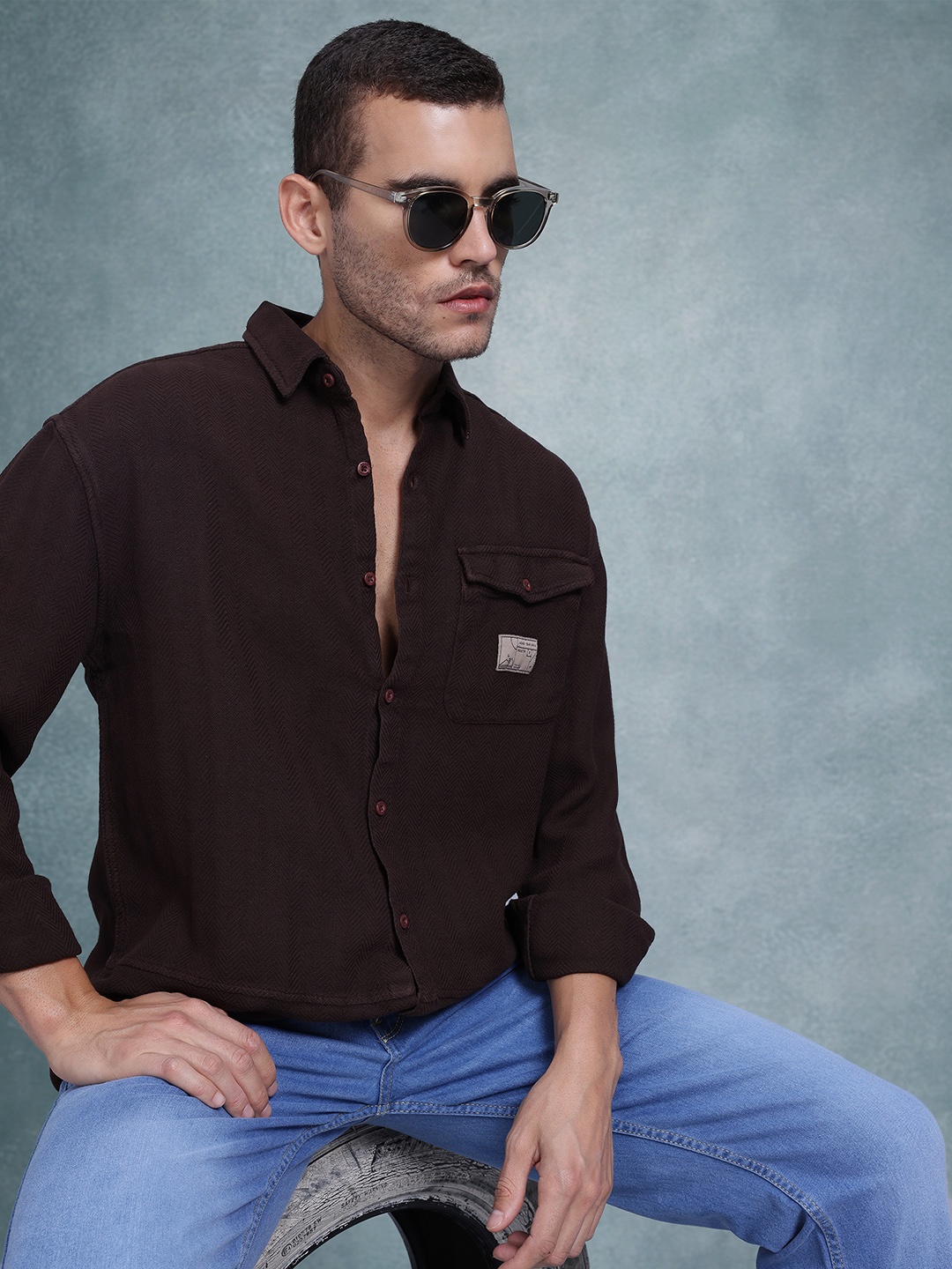 

The Roadster Life Co. Chevron Pure Cotton Casual Shirt, Coffee brown