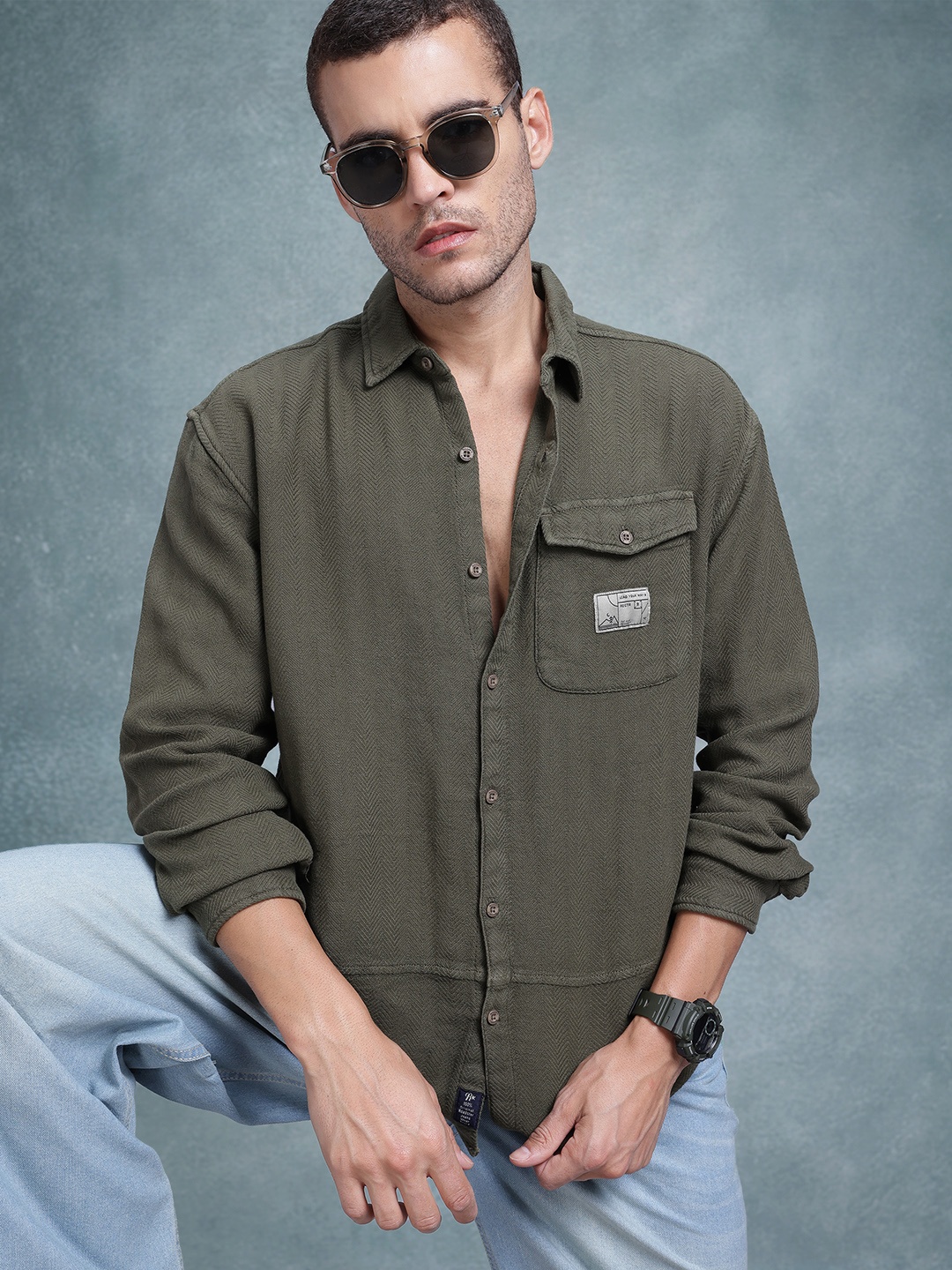 

The Roadster Life Co. Chevron Pure Cotton Casual Shirt, Olive
