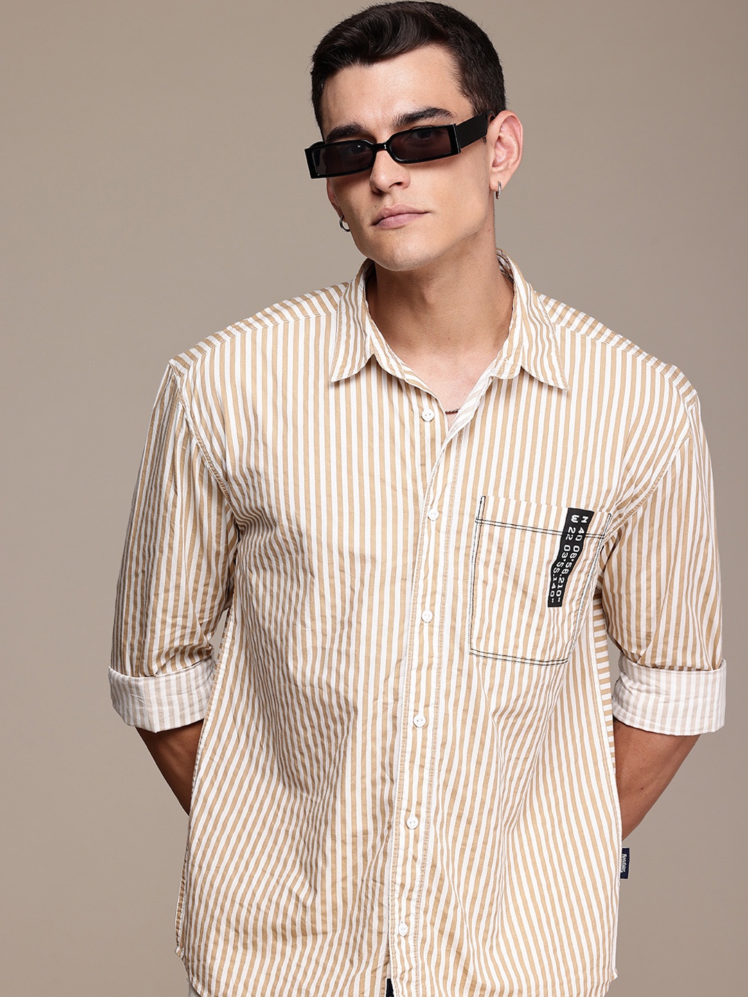 

The Roadster Life Co. Pure Cotton Opaque Striped Relaxed Fit Casual Shirt, Beige