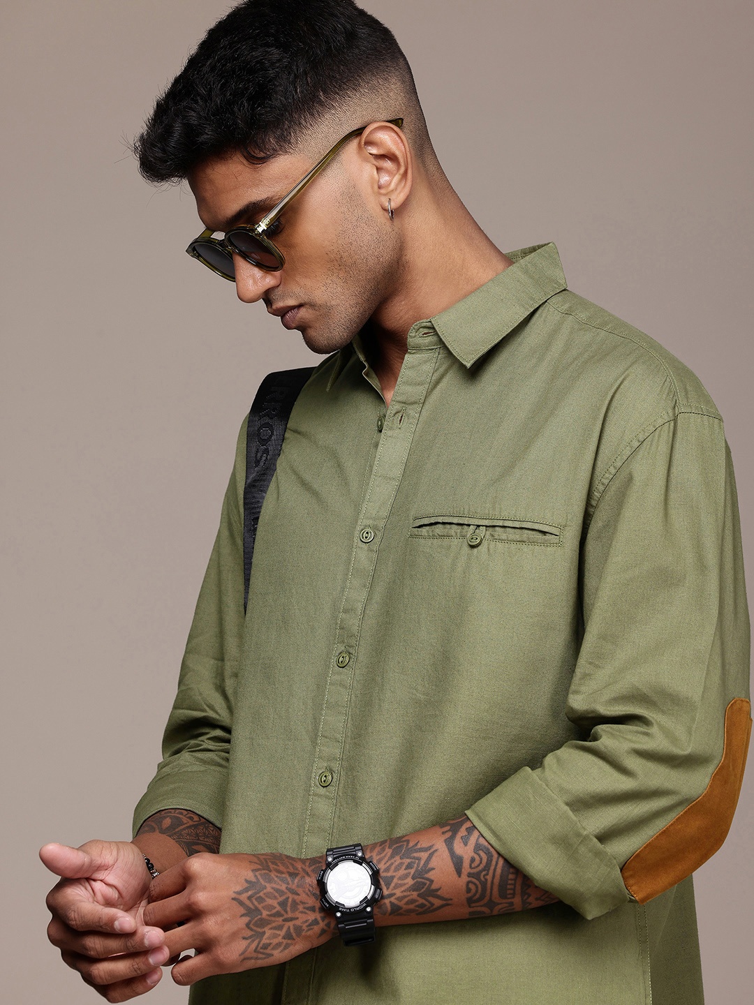 

The Roadster Life Co. Relaxed Fit Drop-Shoulder Sleeves Pure Cotton Casual Shirt, Olive