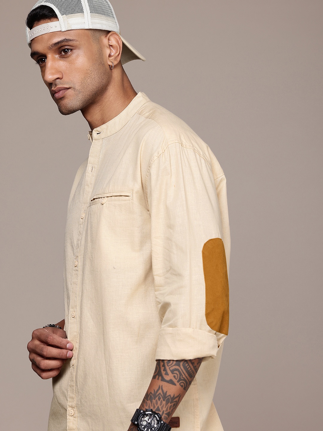 

The Roadster Life Co. Relaxed Fit Band Collar Pure Cotton Casual Shirt, Beige