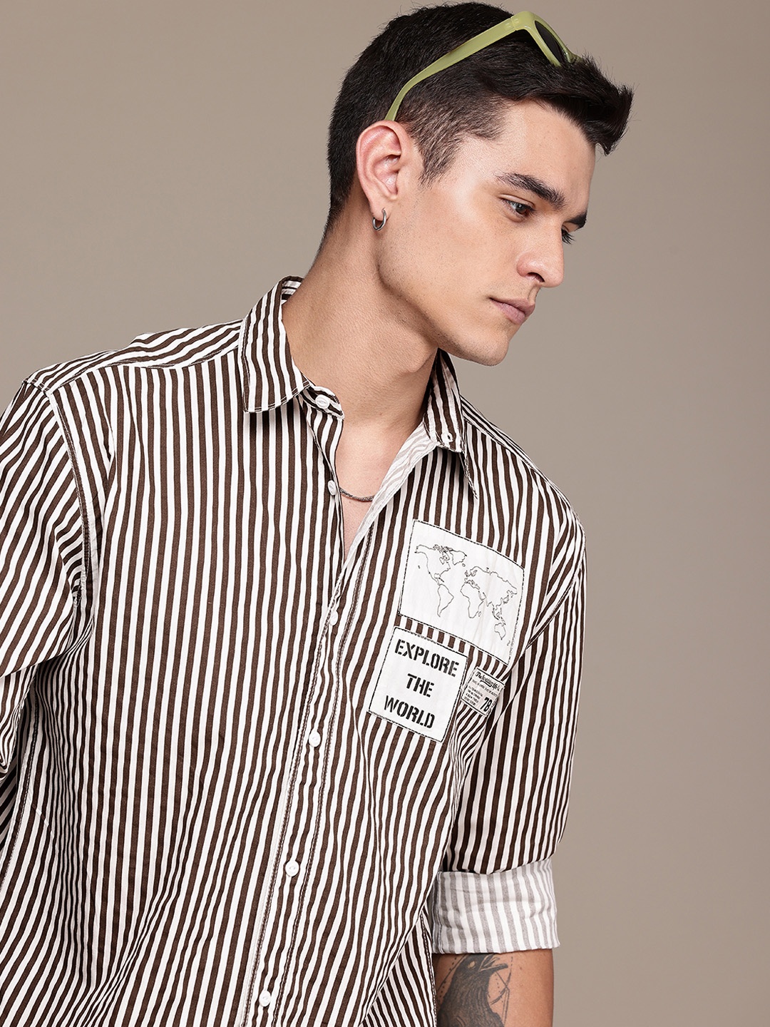 The Roadster Life Co. Pure Cotton Opaque Striped Relaxed Fit Casual Shirt, Coffee brown