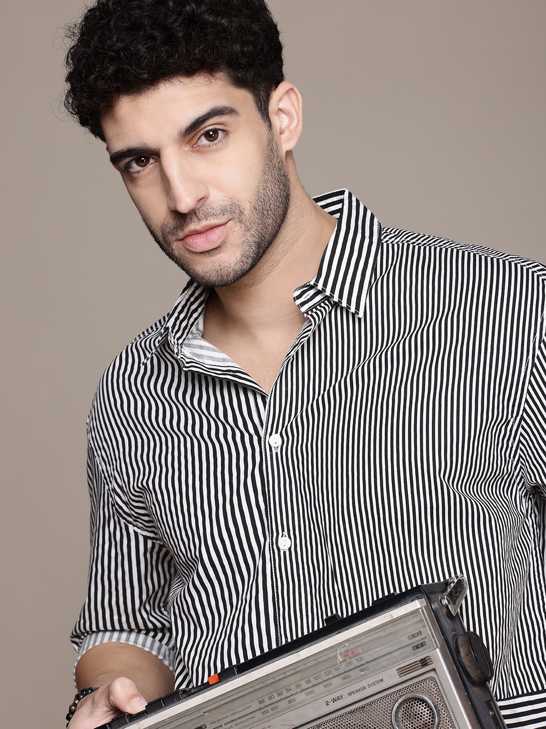 

The Roadster Life Co. Striped Pure Cotton Relaxed Fit Casual Shirt, Black