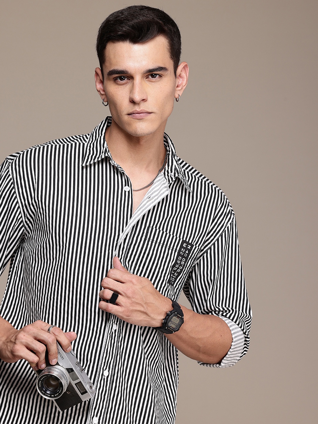 

The Roadster Life Co. Pure Cotton Opaque Monochrome Striped Relaxed Fit Casual Shirt, Black