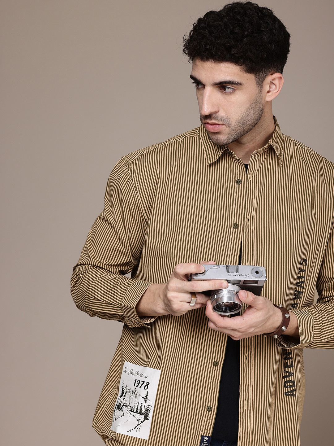 

The Roadster Life Co. Pure Cotton Striped Printed Drop-Shoulder Relaxed Fit Casual Shirt, Beige