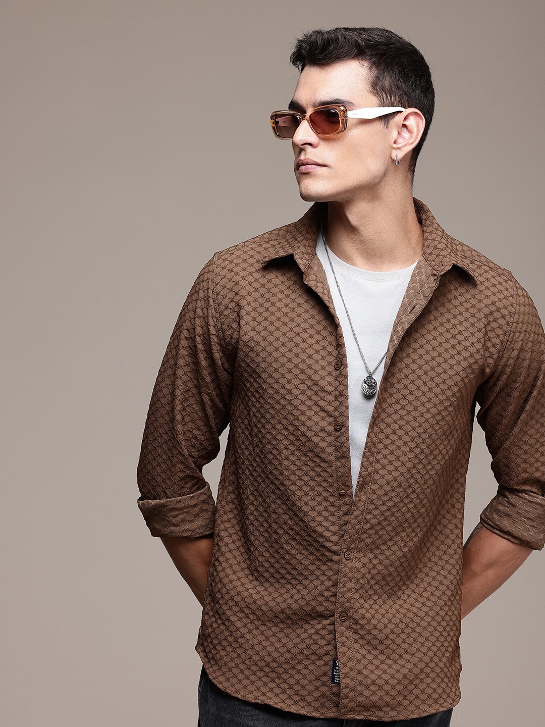 

The Roadster Life Co. Self Design Textured Casual Shirt, Brown