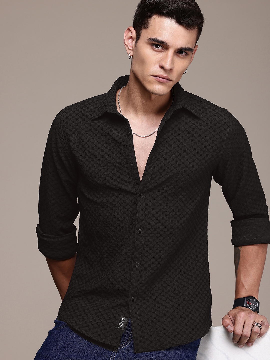 

The Roadster Life Co. Self Design Textured Casual Shirt, Black