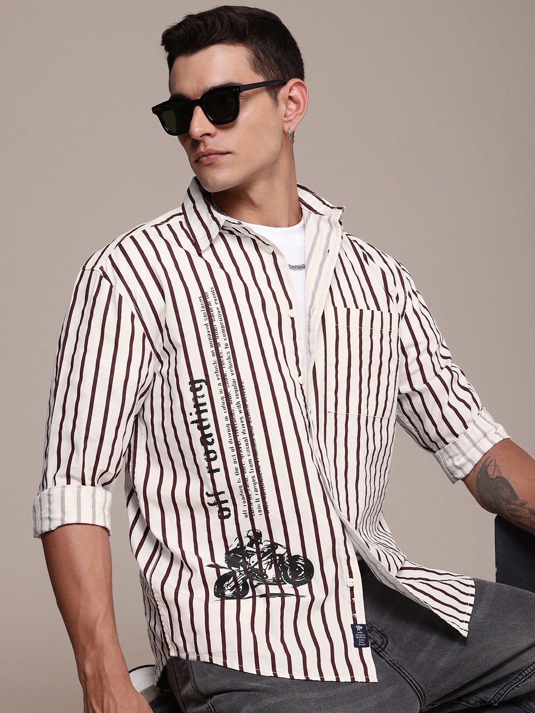 

The Roadster Life Co. Pure Cotton Opaque Striped & Printed Relaxed Fit Casual Shirt, Maroon