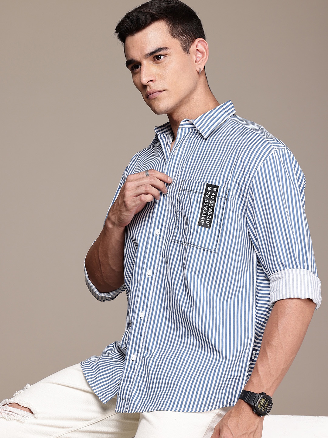 

The Roadster Life Co. Pure Cotton Opaque Striped Relaxed Fit Casual Shirt, Blue