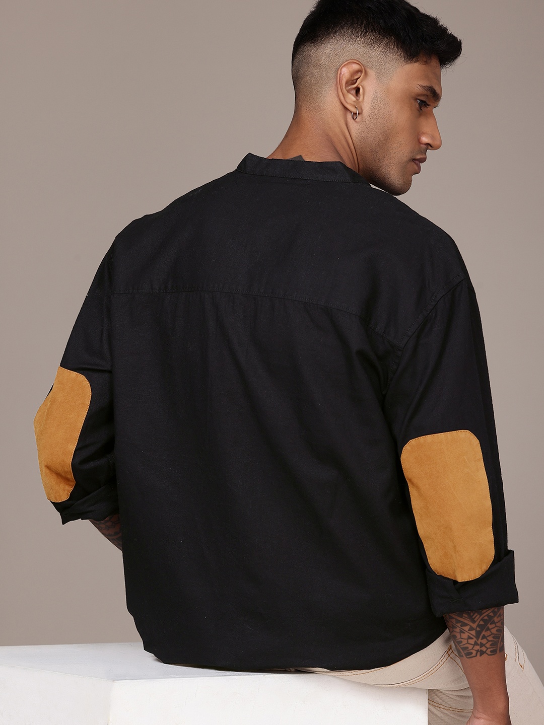 

The Roadster Life Co. Relaxed Fit Band Collar Pure Cotton Casual Shirt, Black