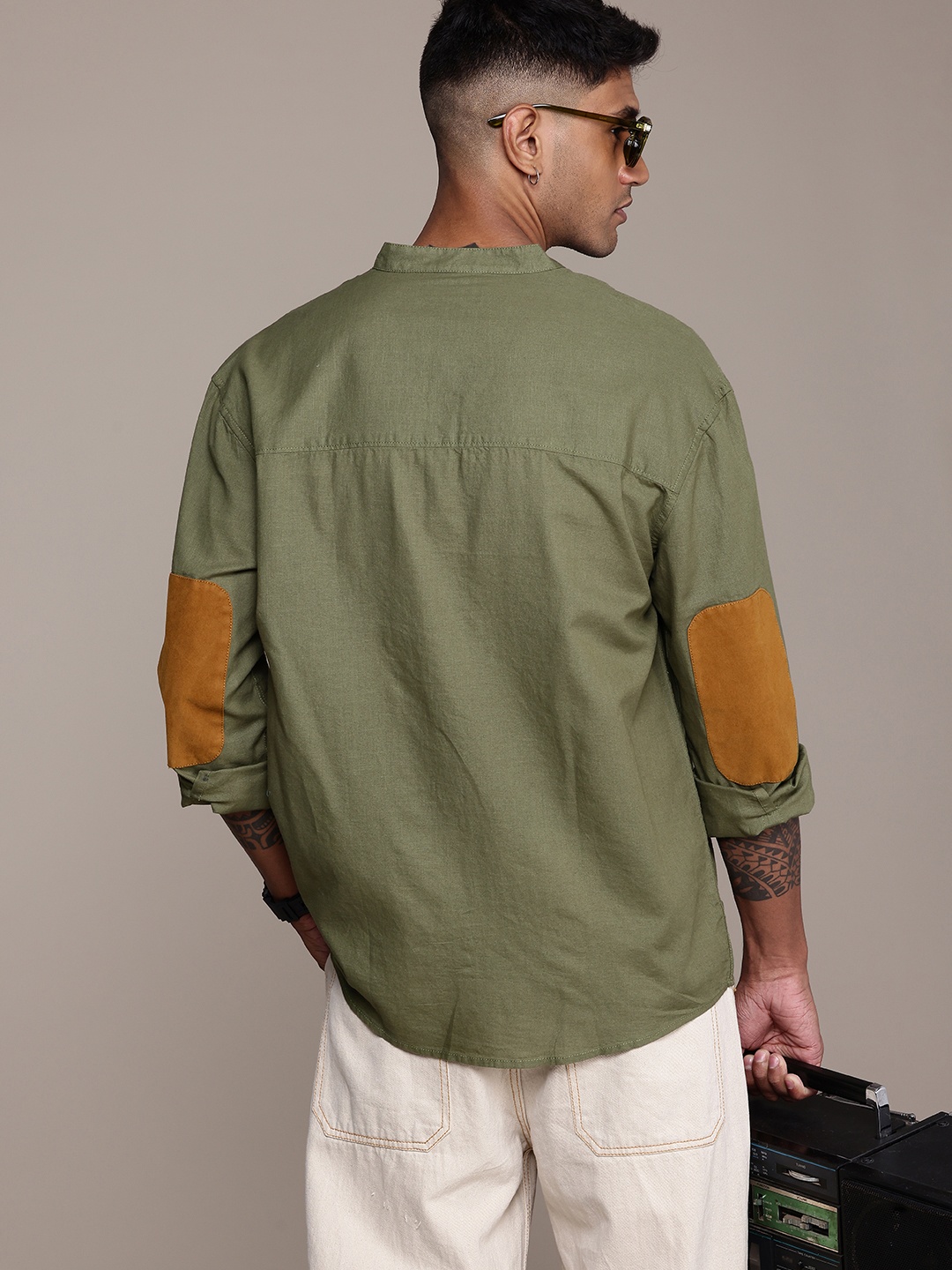

The Roadster Life Co. Relaxed Fit Band Collar Pure Cotton Casual Shirt, Olive