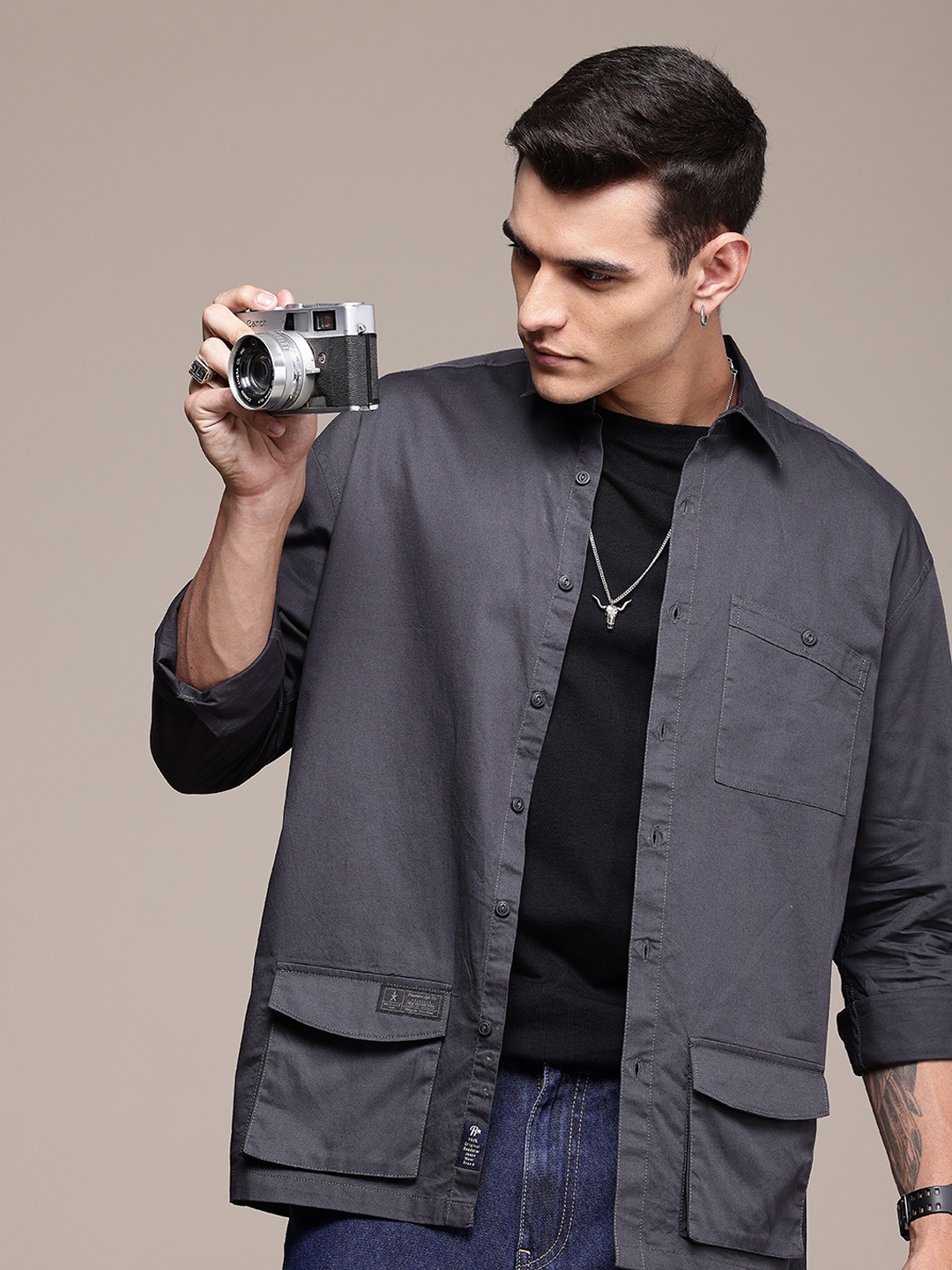 The Roadster Life Co. Relaxed Fit Opaque Pure Cotton Casual Shirt, Charcoal