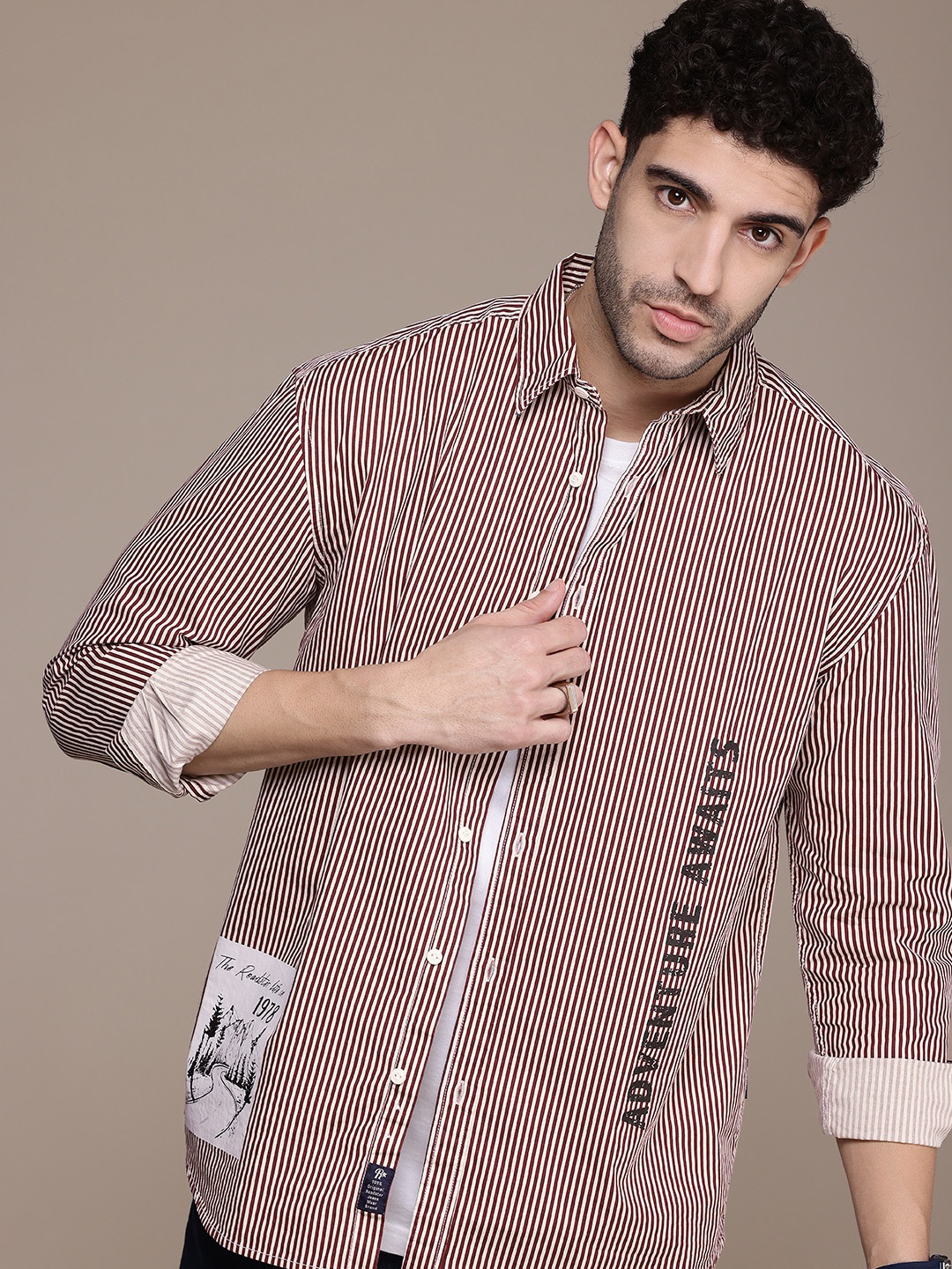 

The Roadster Life Co. Pure Cotton Striped Printed Drop-Shoulder Relaxed Fit Casual Shirt, Burgundy