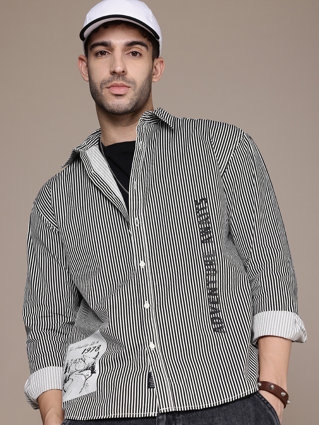 

The Roadster Life Co. Pure Cotton Striped Printed Drop-Shoulder Relaxed Fit Casual Shirt, Black