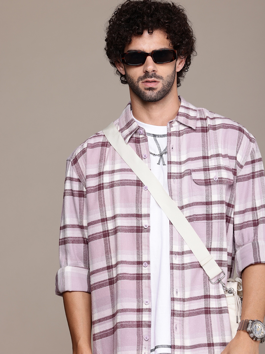 

The Roadster Life Co. Pure Cotton Checked Drop-Shoulder Sleeves Relaxed Fit Casual Shirt, Lavender