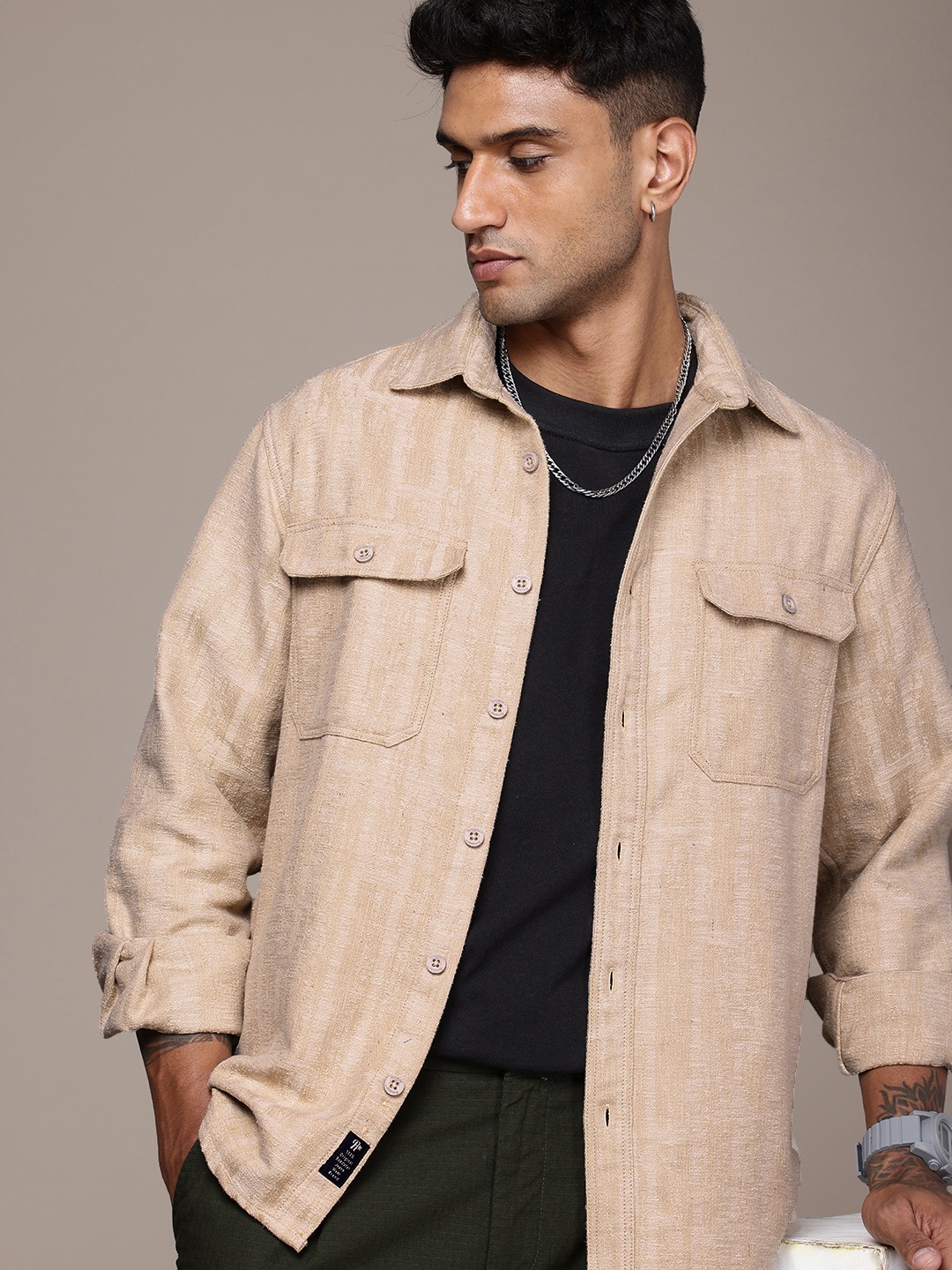 

The Roadster Life Co. Self Design Opaque Relaxed Fit Casual Shacket, Beige