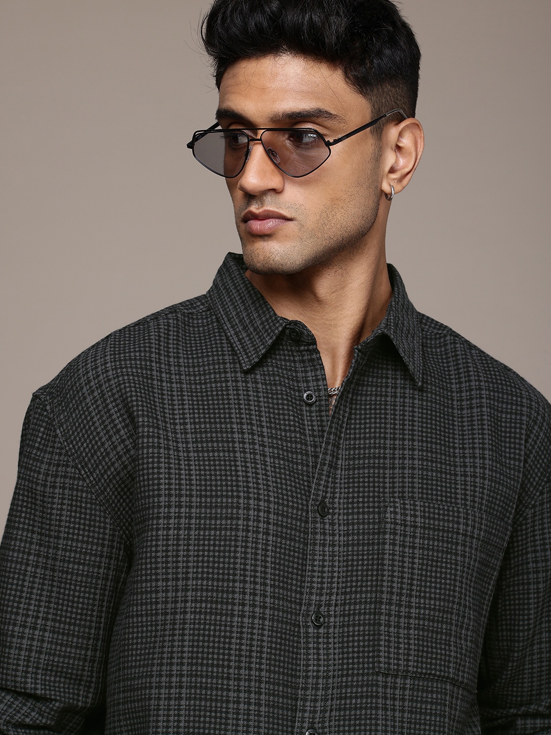 

The Roadster Life Co. Pure Cotton Relaxed Fit Self Checked Shirt, Black