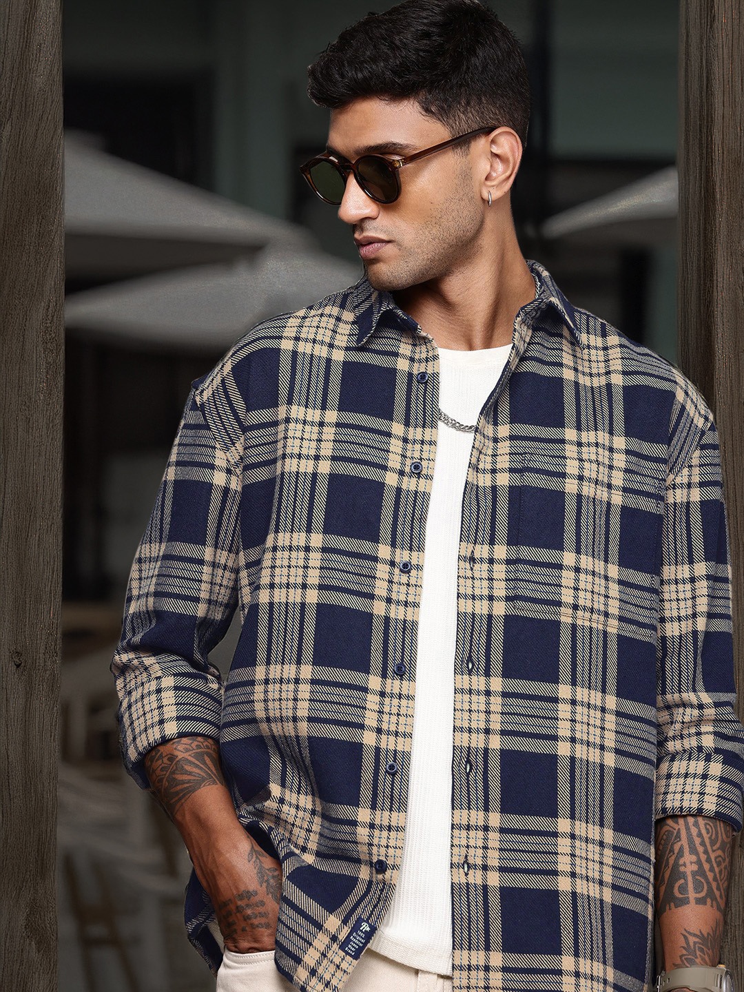 

The Roadster Life Co. Relaxed Fit Tartan Checked Casual Shacket, Beige