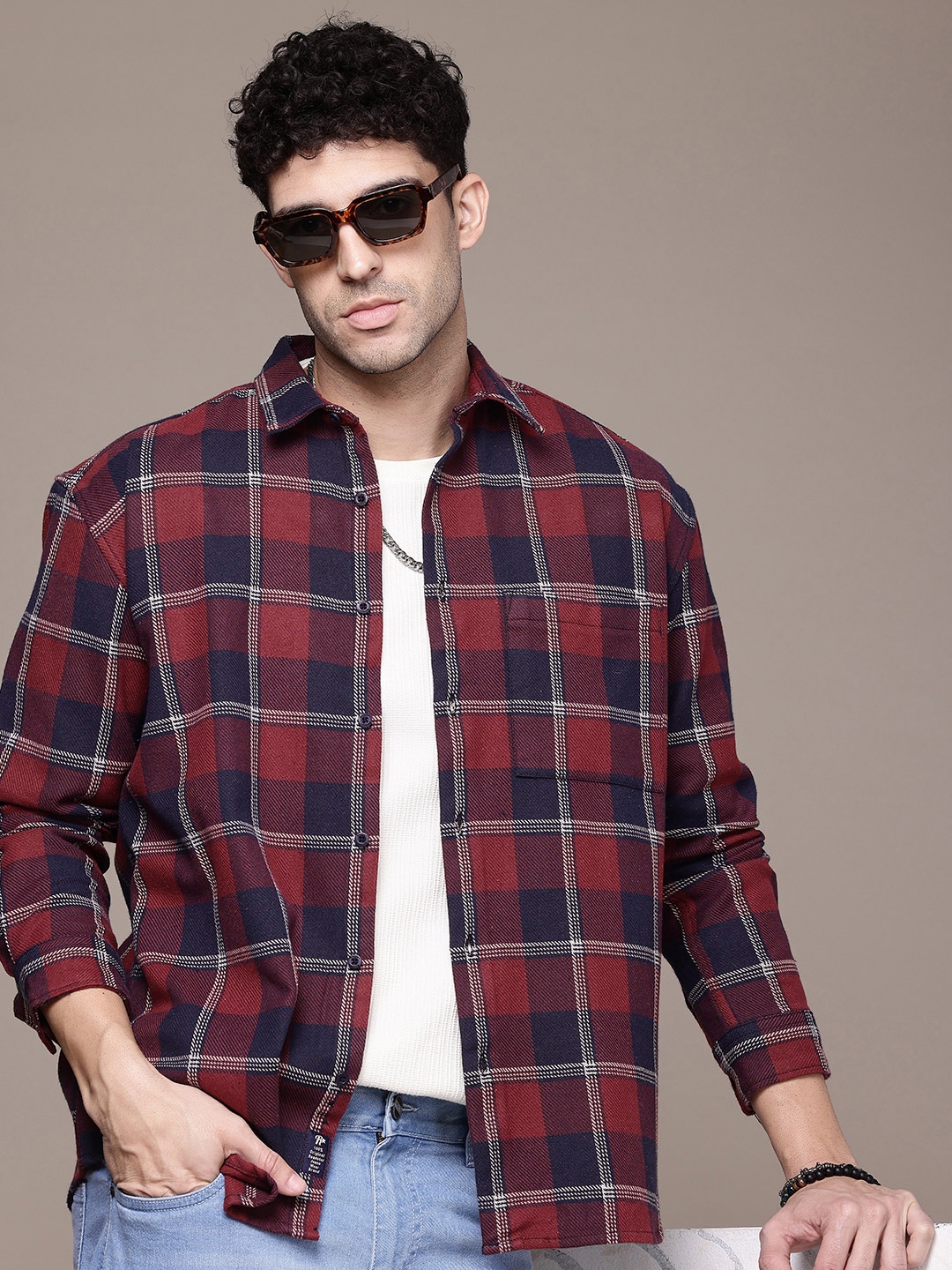 

The Roadster Life Co. Checked Drop-Shoulder Sleeves Relaxed Fit Casual Shirt, Maroon