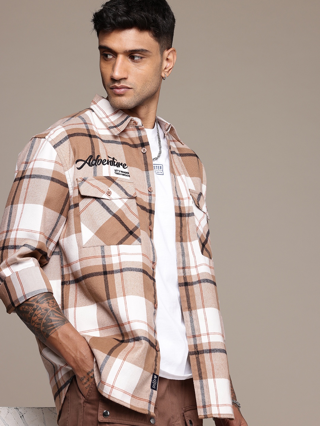 

The Roadster Life Co. Relaxed Fit Checked Embroidered Casual Shacket, Brown