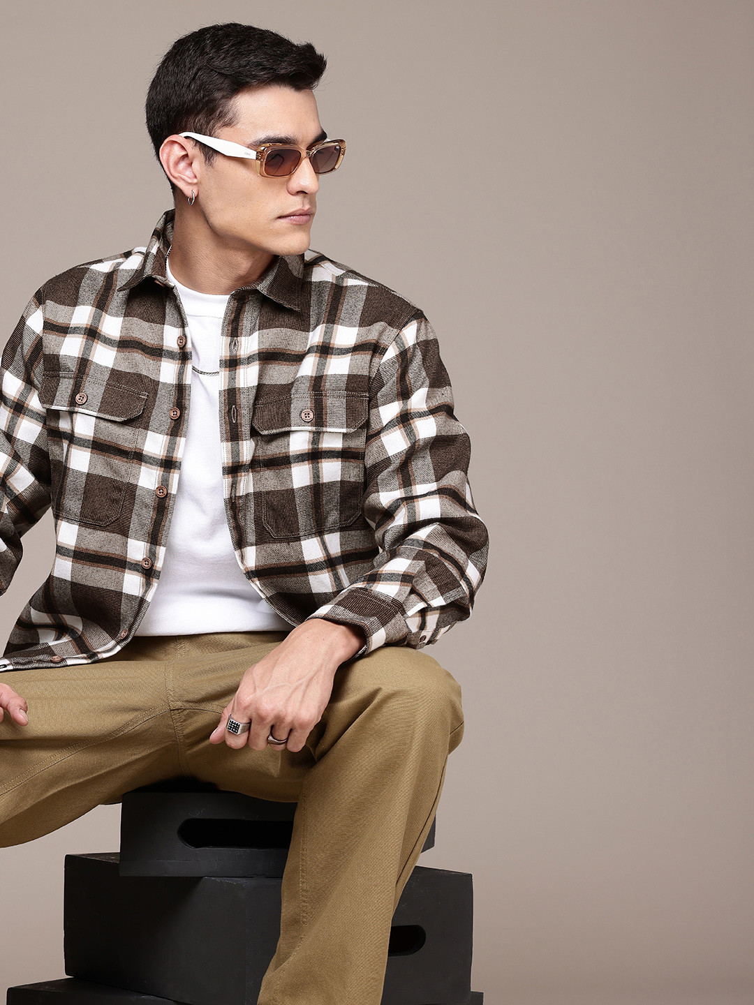 

The Roadster Life Co. Opaque Checked Relaxed Fit Casual Shacket, Brown