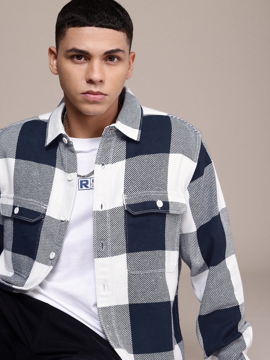 

The Roadster Life Co. Relaxed Fit Checked Casual Shacket, Navy blue