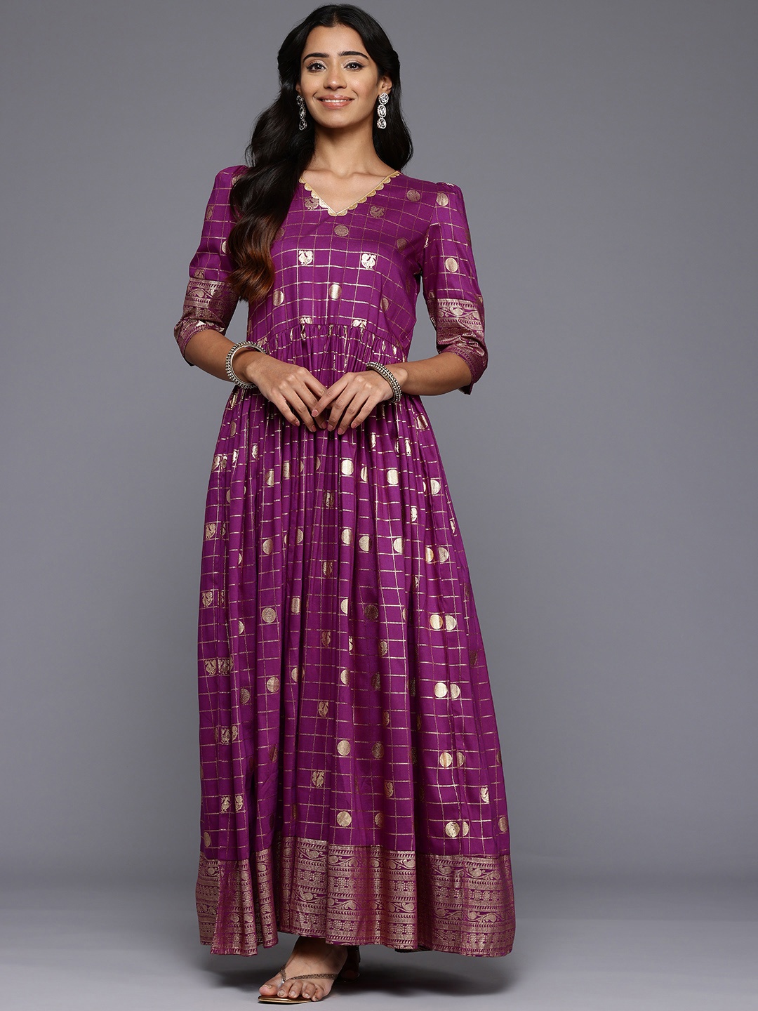 

Ahalyaa Checked Puff Sleeves Maxi Gown, Purple