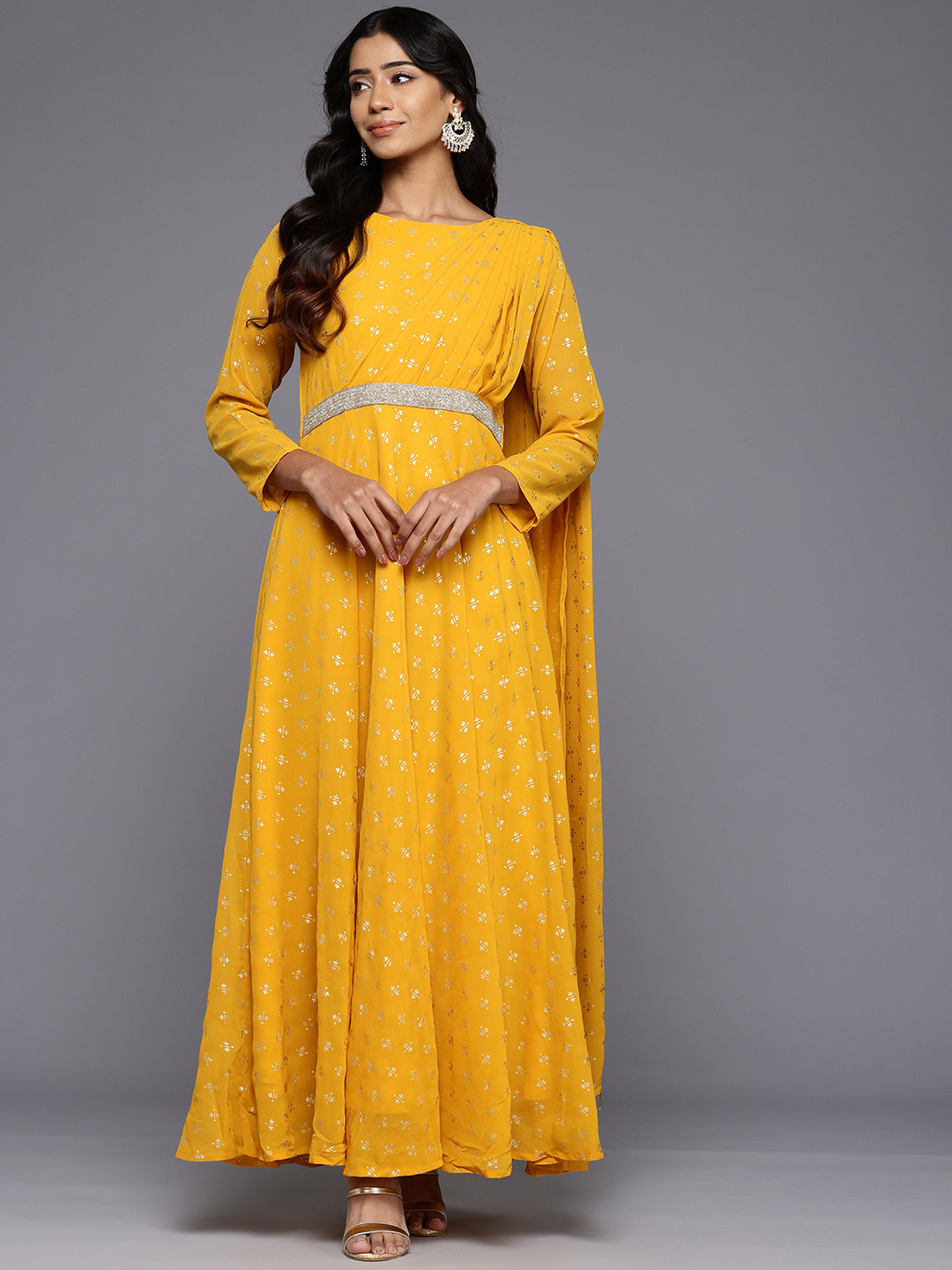 

Ahalyaa Ethnic Motifs Printed Boat Neck Layered Maxi Gown, Mustard