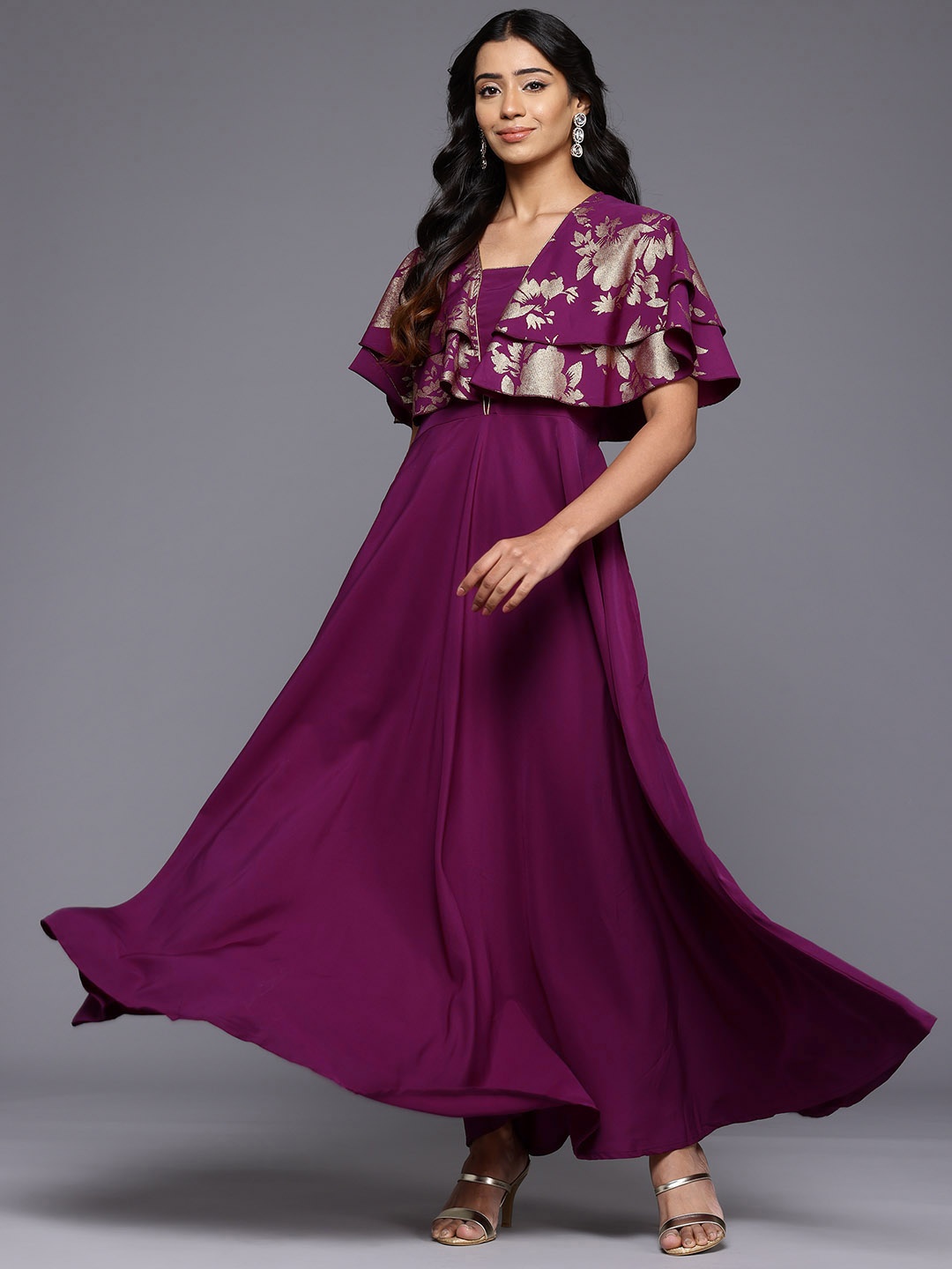 

Ahalyaa Floral Printed Flared Sleeves Maxi Gown, Purple