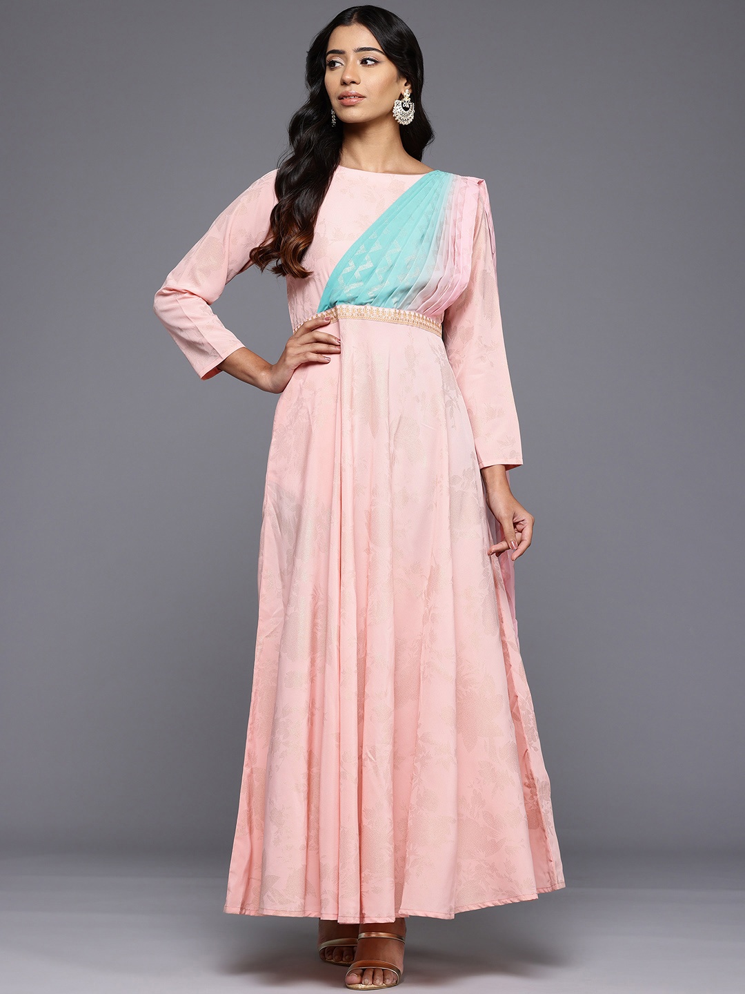 

Ahalyaa Floral Printed Boat Neck Layered Maxi Gown, Pink