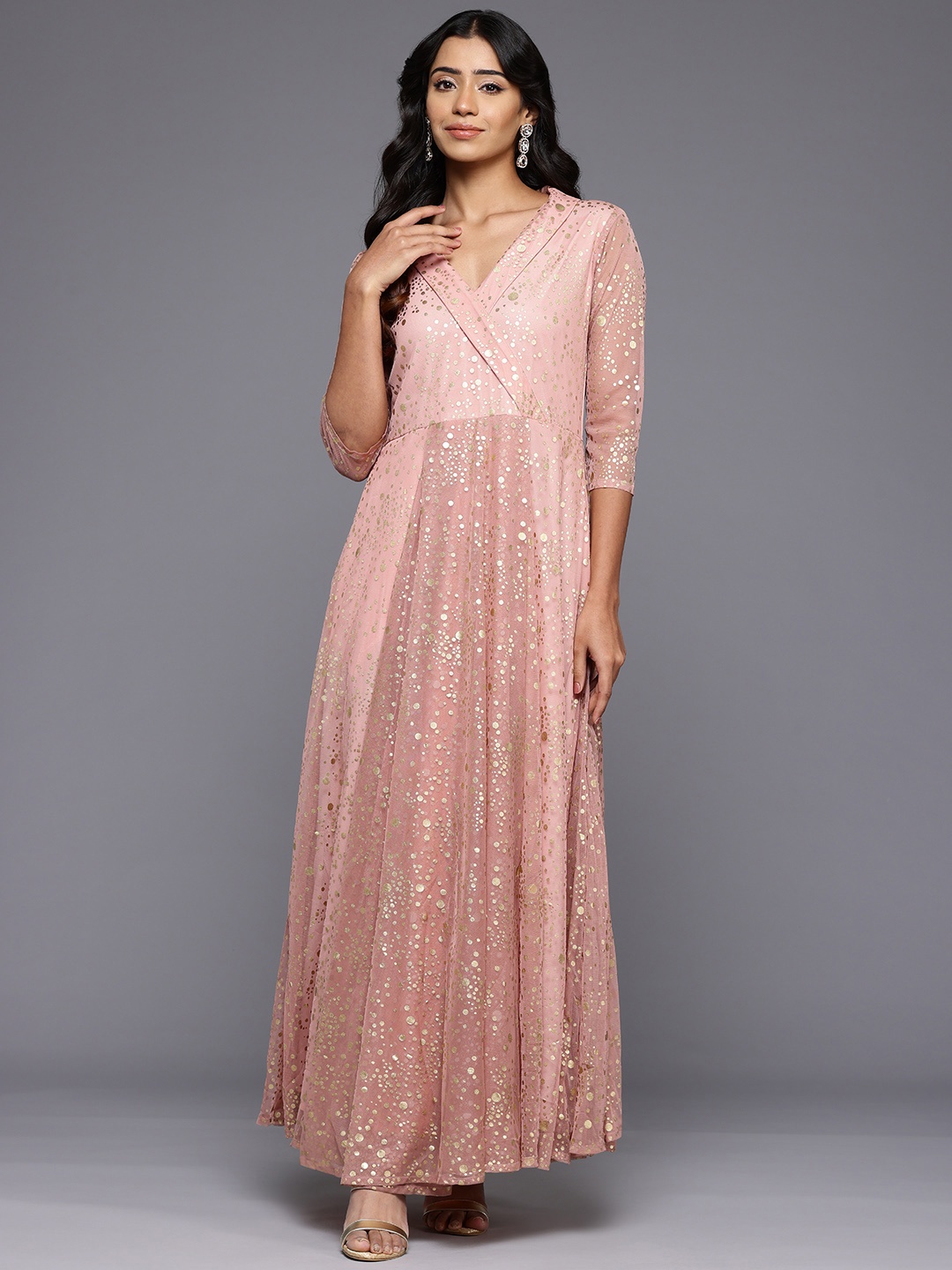 

Ahalyaa Polka Dots Printed Maxi Wrap Ethnic Dress, Peach