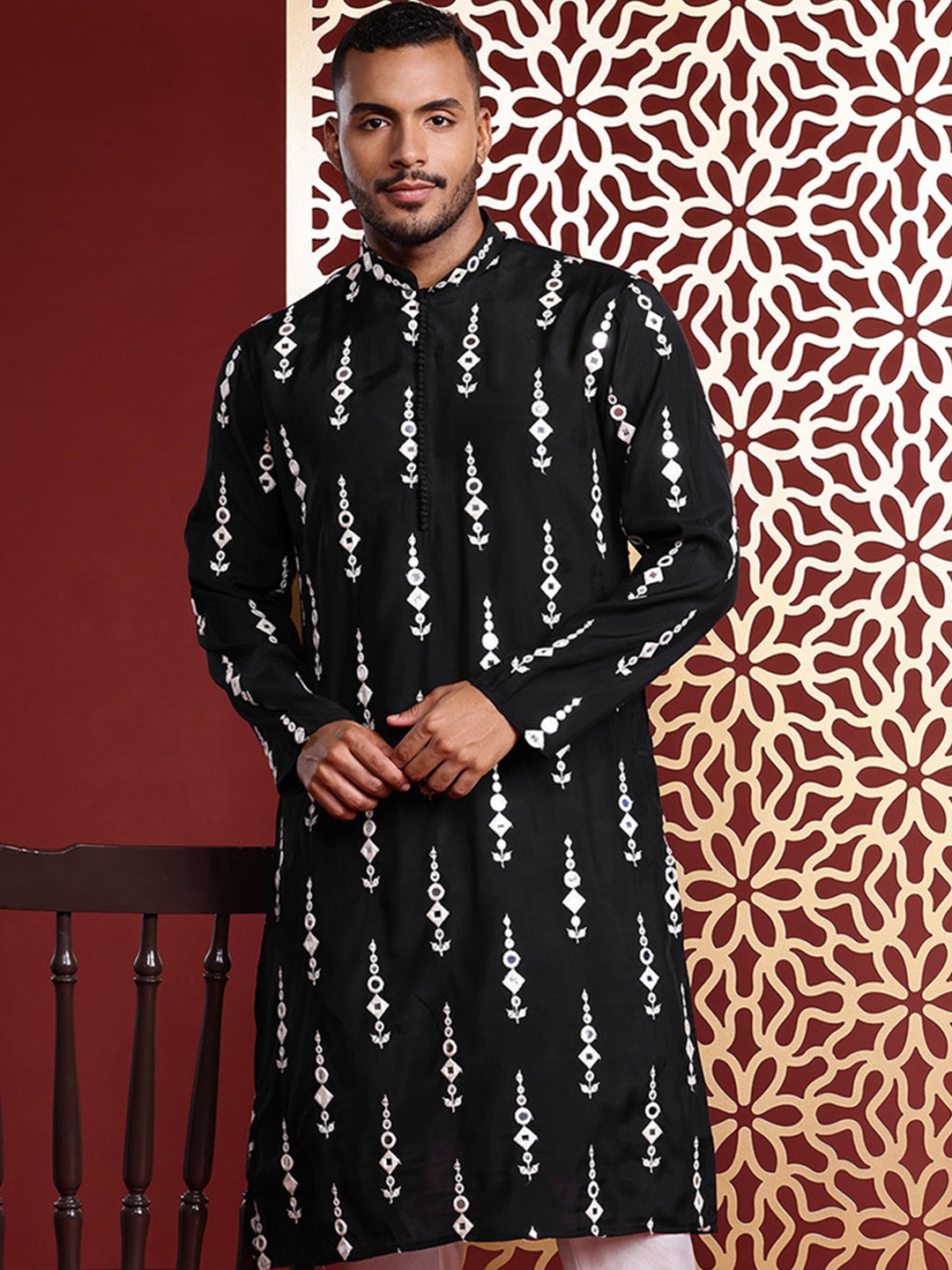 

MANQ Men Embroidered Mirror Work Pure Cotton Kurta with Pyjamas, Black