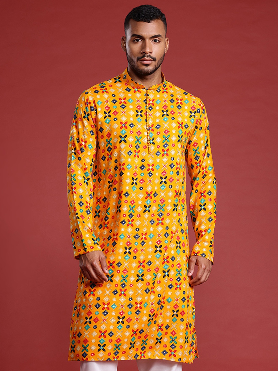 

MANQ Men Ethnic Motifs Printed Pure Cotton Kurta with Pyjamas, Yellow