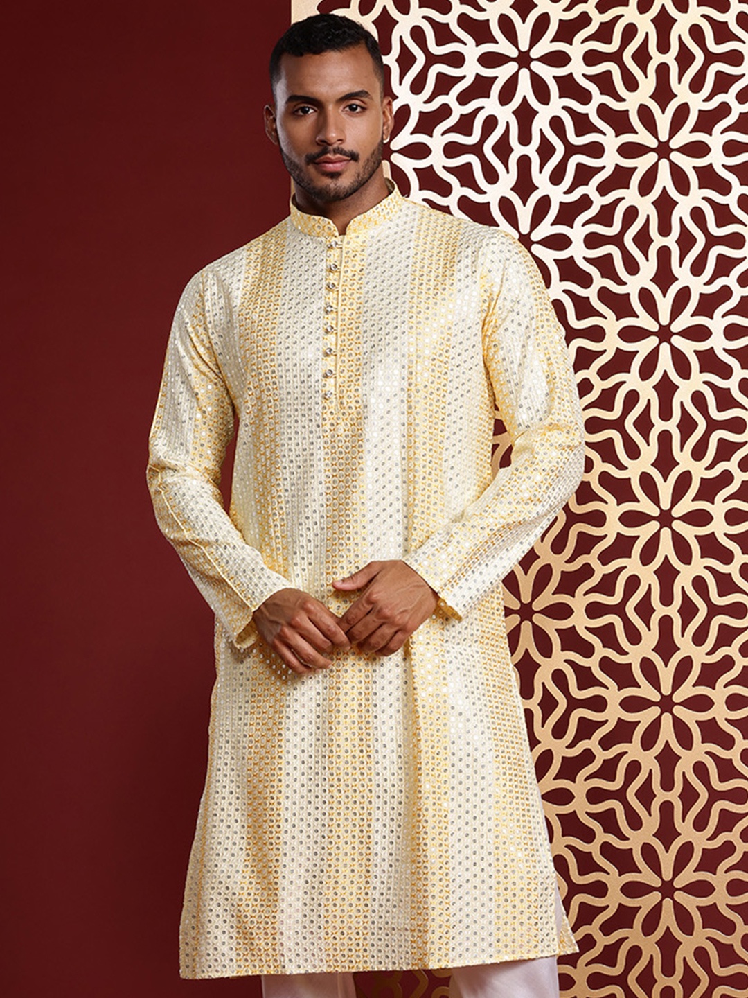 

MANQ Men Embroidered Chikankari Pure Cotton Kurta with Pyjamas, Yellow