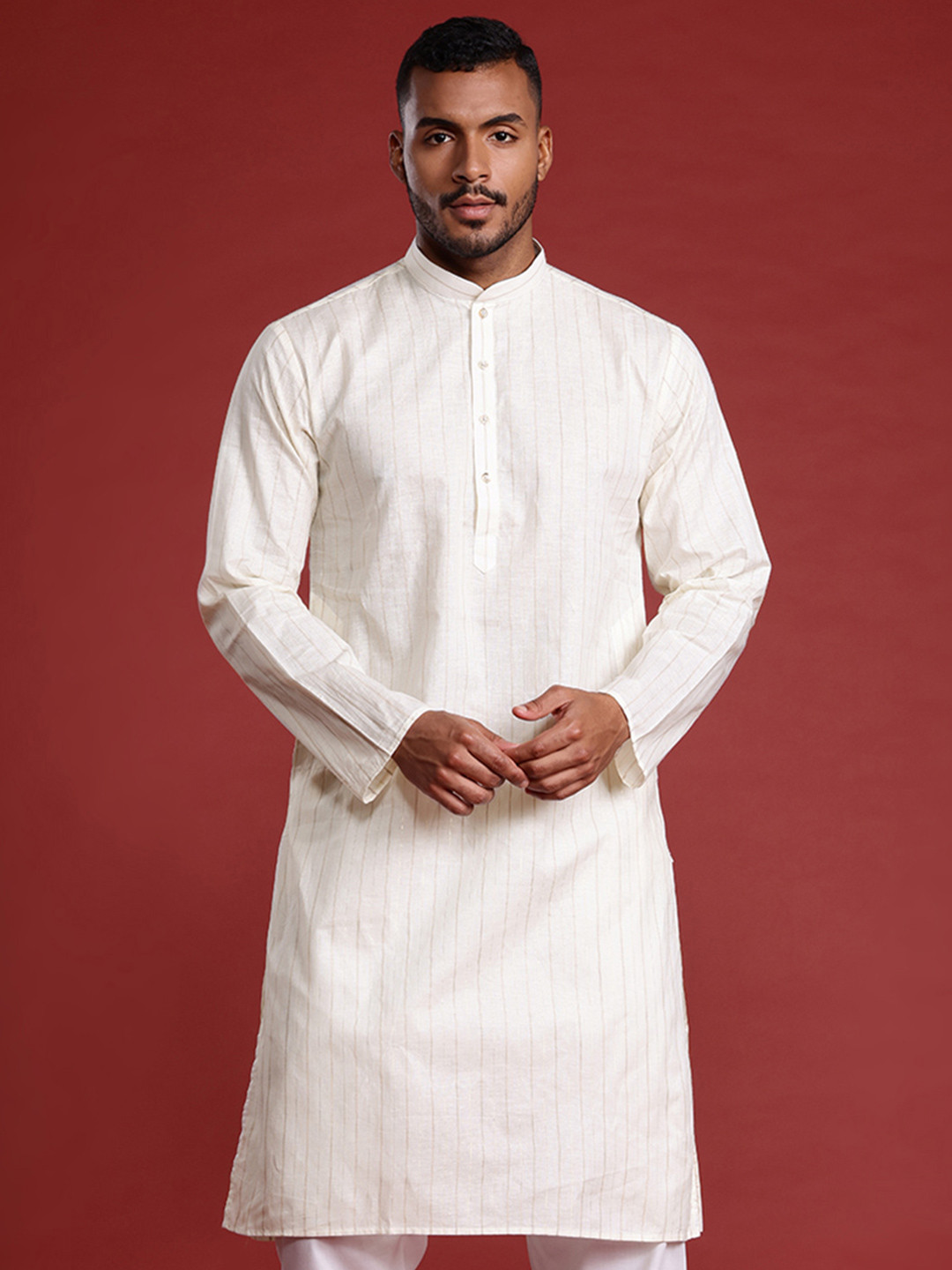 

MANQ Men Striped Pure Cotton Kurta with Pyjamas, Cream