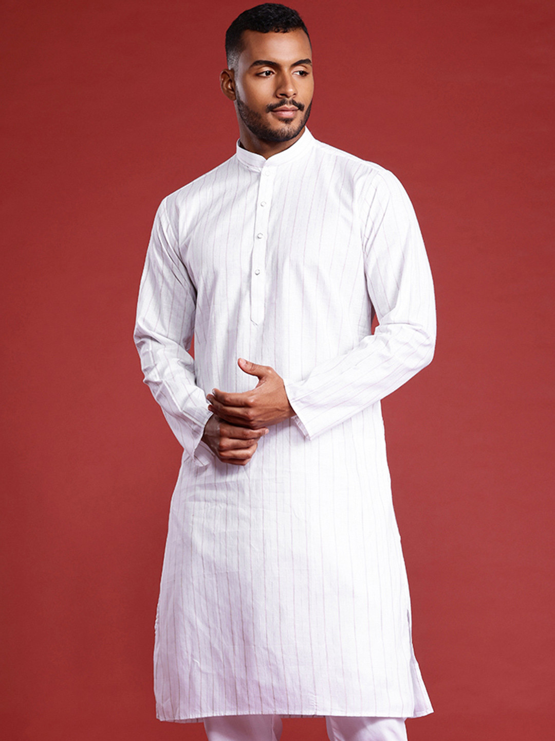 

MANQ Men Striped Pure Cotton Kurta with Pyjamas, White