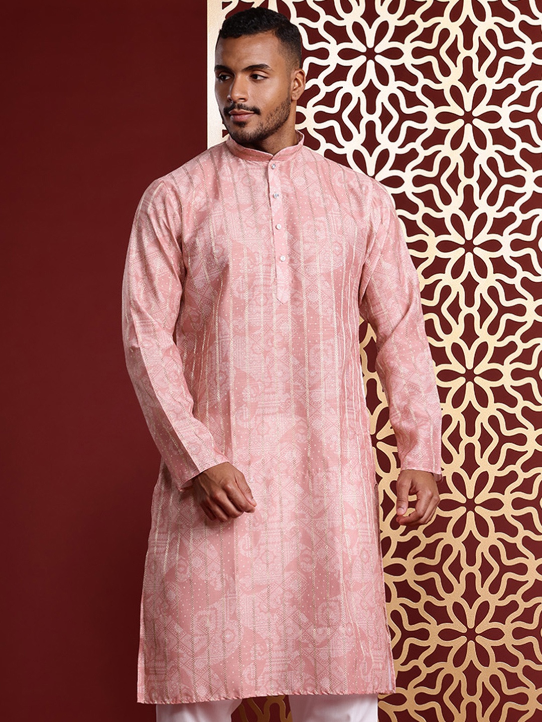 

MANQ Men Ethnic Motifs Printed Pure Cotton Kurta with Pyjamas, Peach