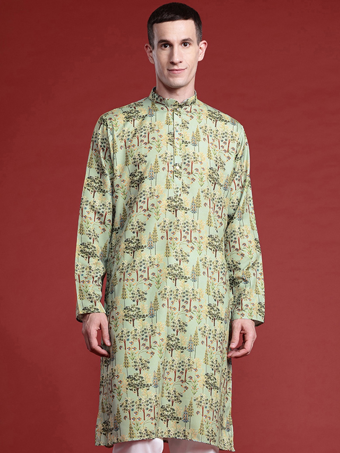 

MANQ Men Floral Printed Pure Cotton Kurta with Pyjamas, Green