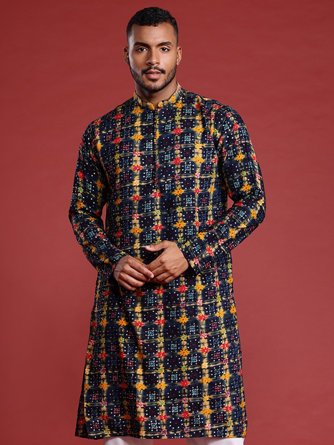 

MANQ Men Ethnic Motifs Printed Pure Cotton Kurta with Pyjamas, Navy blue