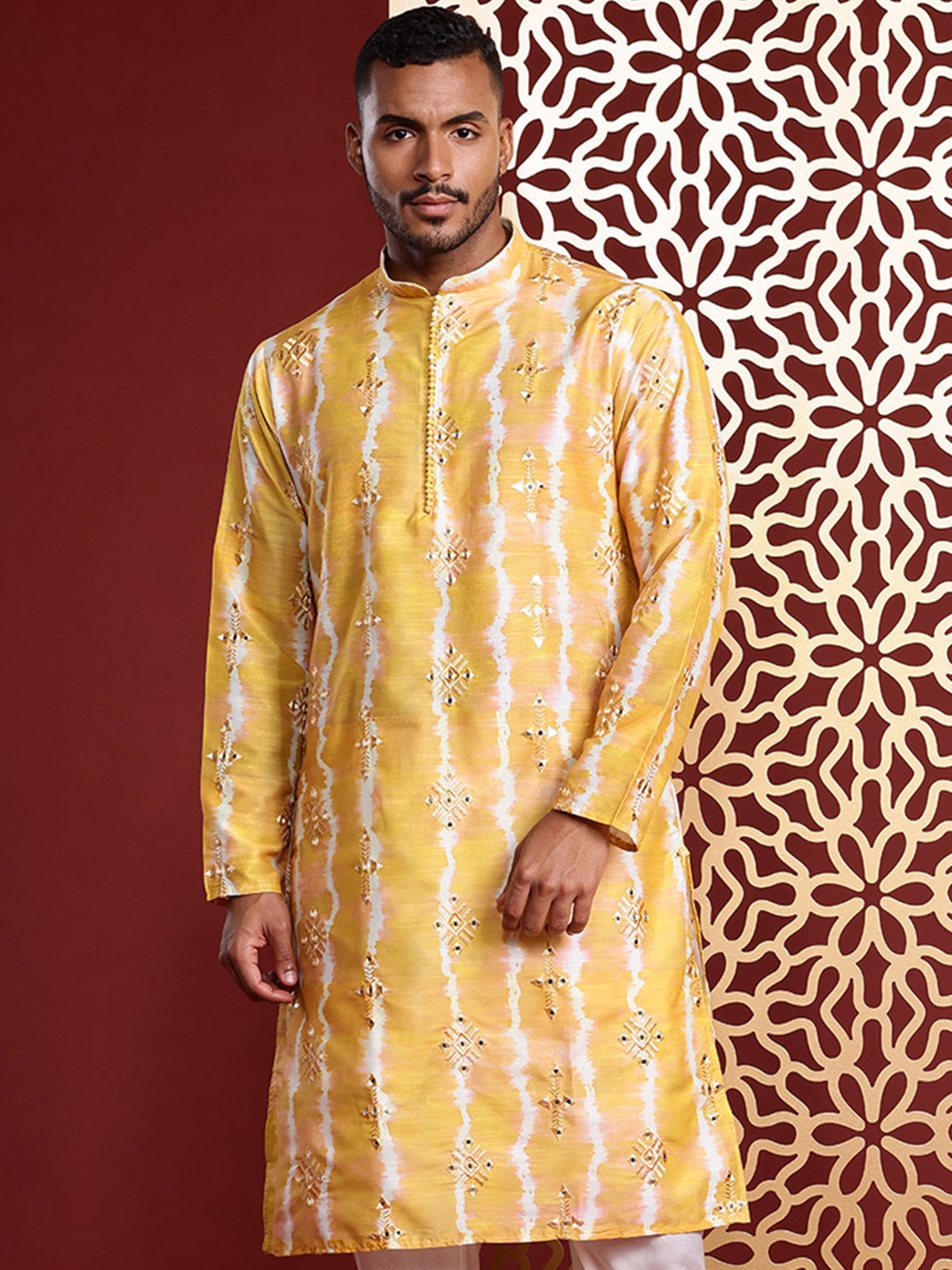 

MANQ Men Printed Mirror Work Pure Cotton Kurta with Churidar, Yellow