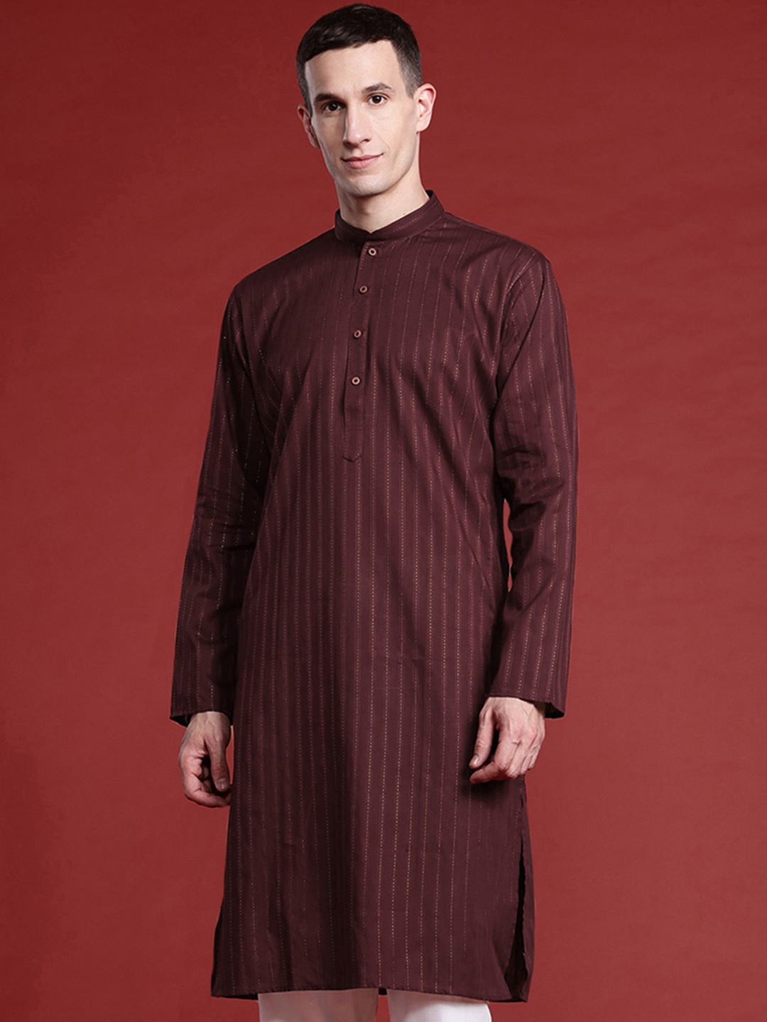 

MANQ Men Striped Thread Work Pure Cotton Kurta with Pyjamas, Maroon