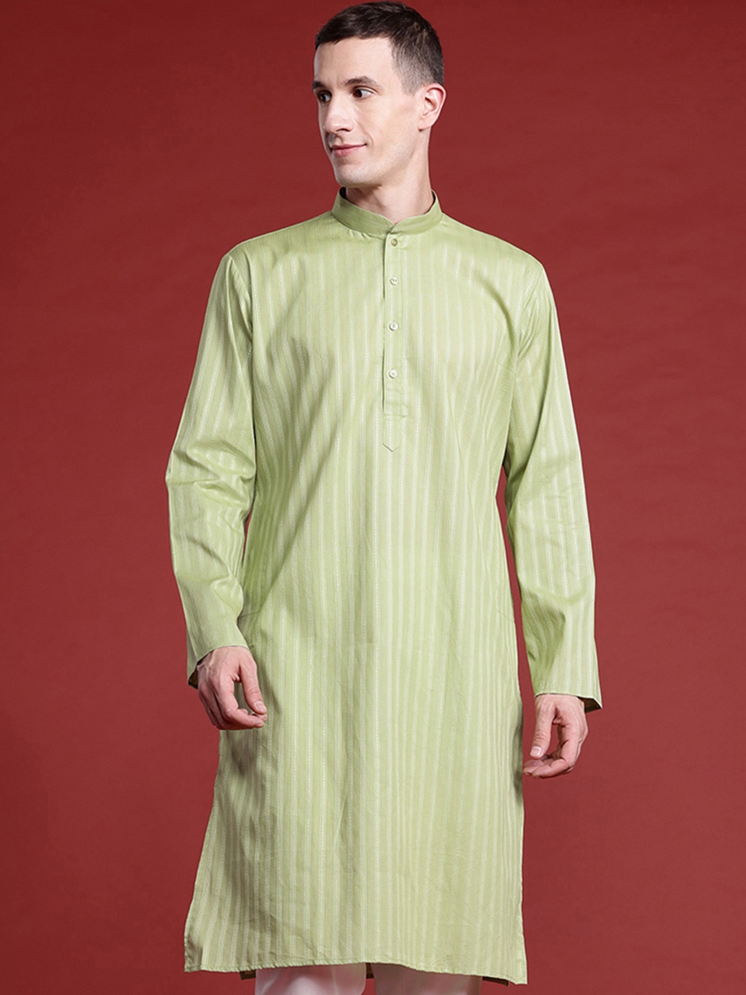 

MANQ Men Striped Kantha Work Pure Cotton Kurta with Pyjamas, Green