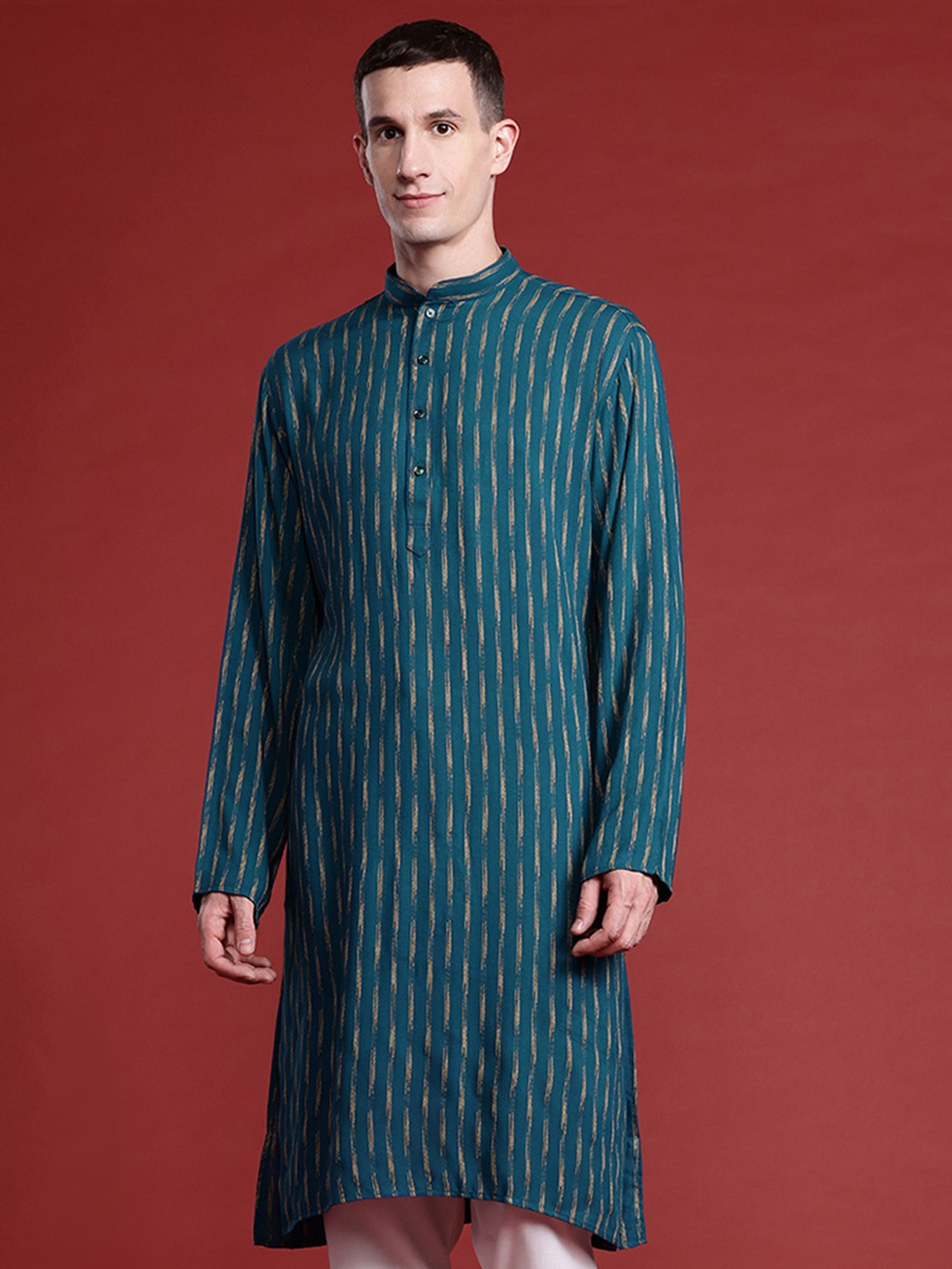 

MANQ Men Striped Thread Work Pure Cotton Kurta with Pyjamas, Teal