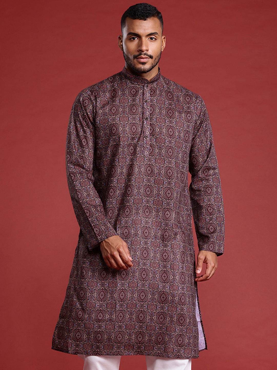 

MANQ Men Floral Printed Pure Cotton Kurta with Pyjamas, Brown