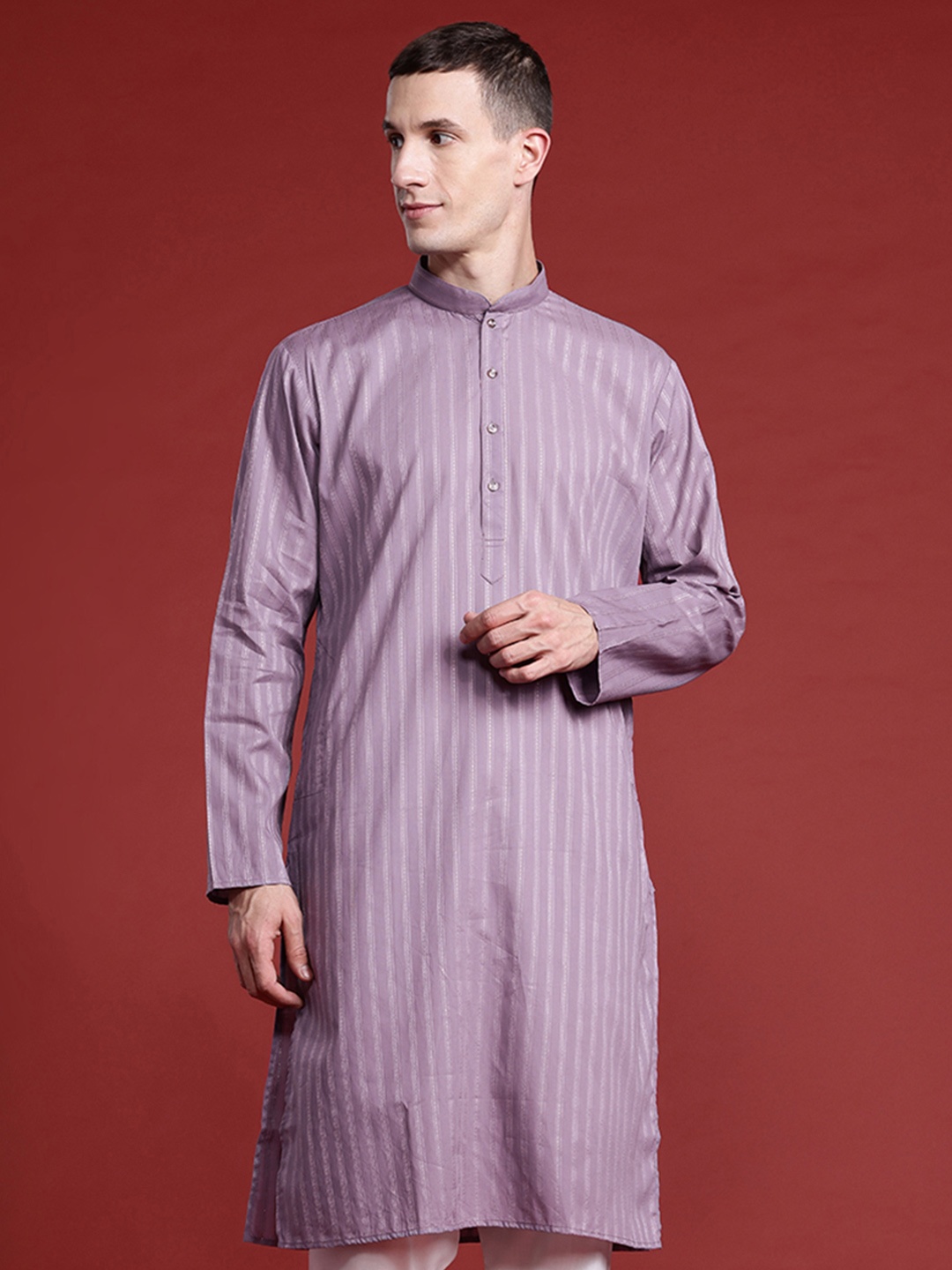 

MANQ Men Striped Kantha Work Pure Cotton Kurta with Pyjamas, Mauve