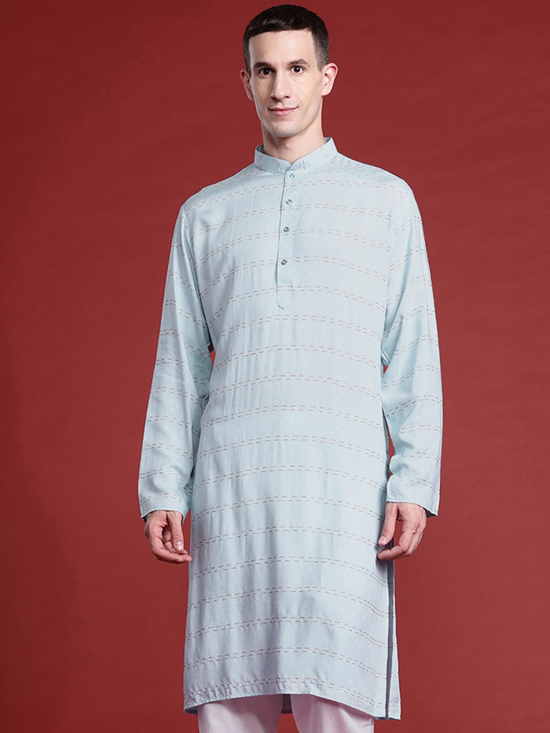 

MANQ Men Striped Thread Work Pure Cotton Kurta with Pyjamas, Blue