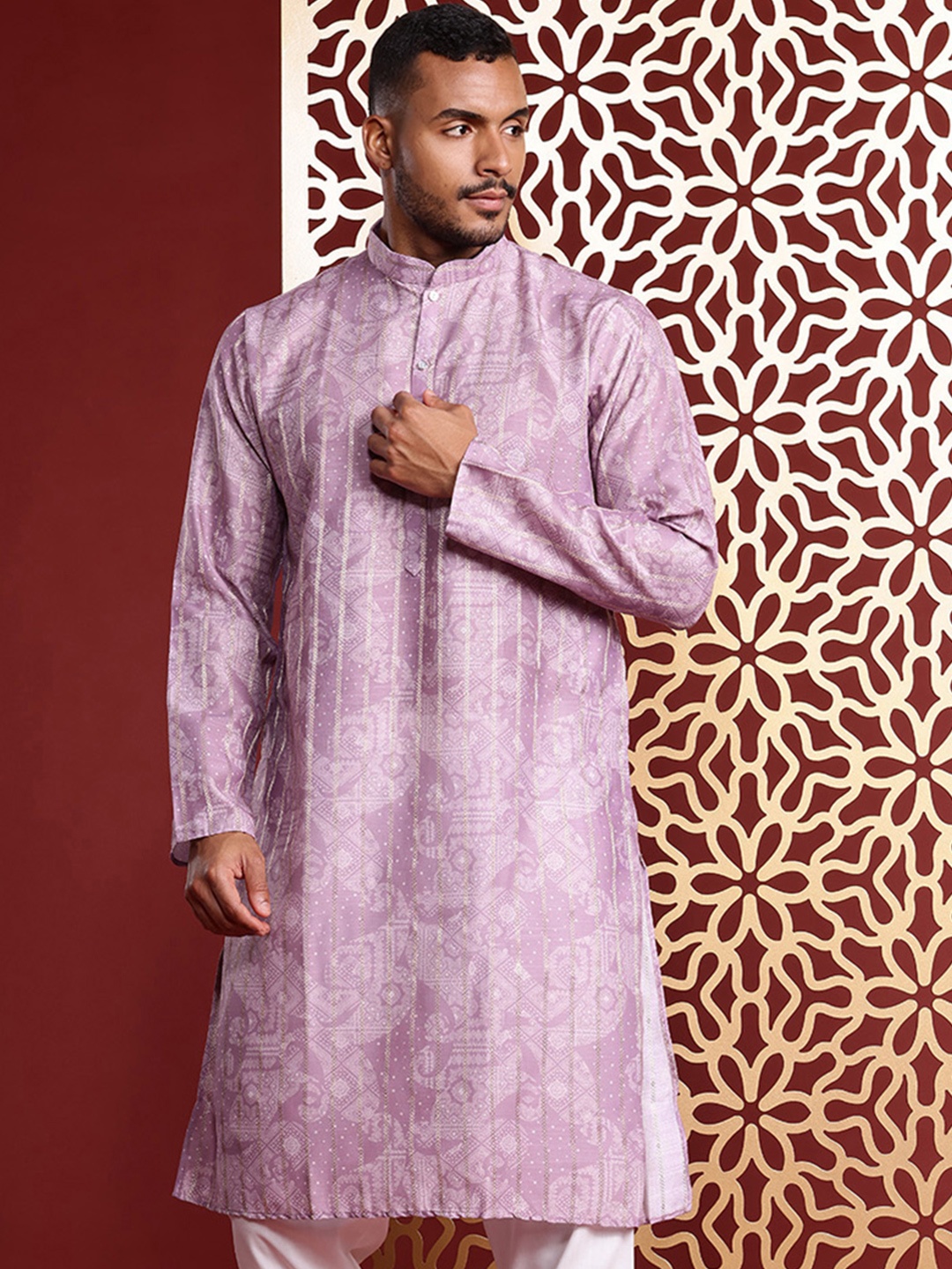 

MANQ Men Ethnic Motifs Printed Pure Cotton Kurta with Pyjamas, Mauve
