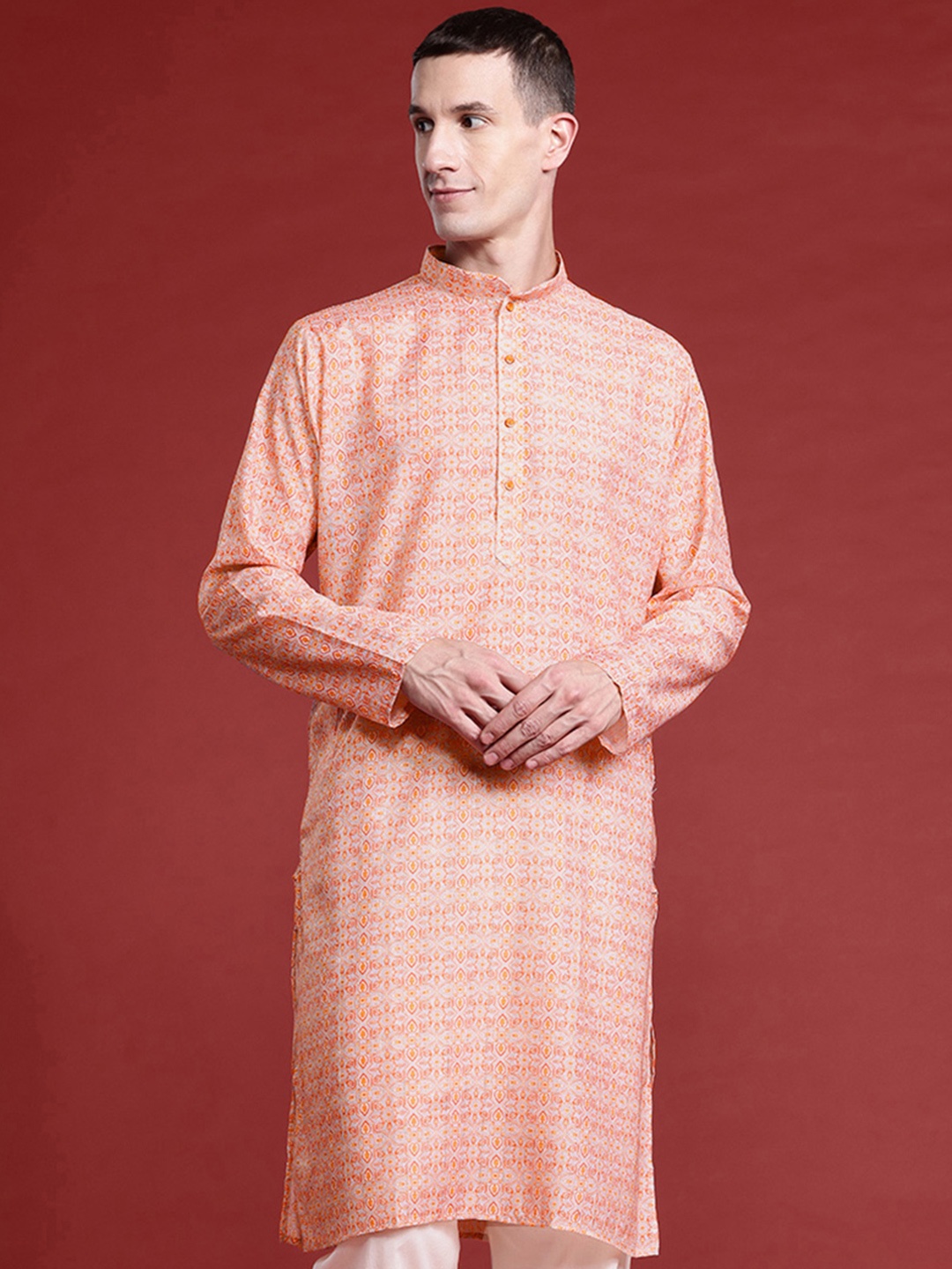 

MANQ Men Ethnic Motifs Printed Pure Cotton Kurta with Pyjamas, Peach