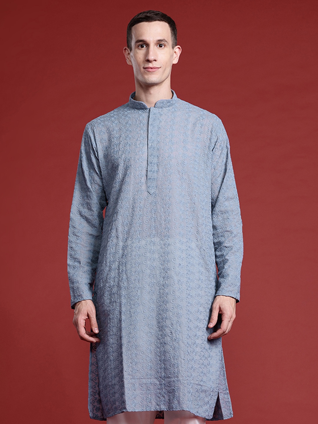 

MANQ Men Floral Embroidered Chikankari Pure Cotton Kurta with Pyjamas, Grey