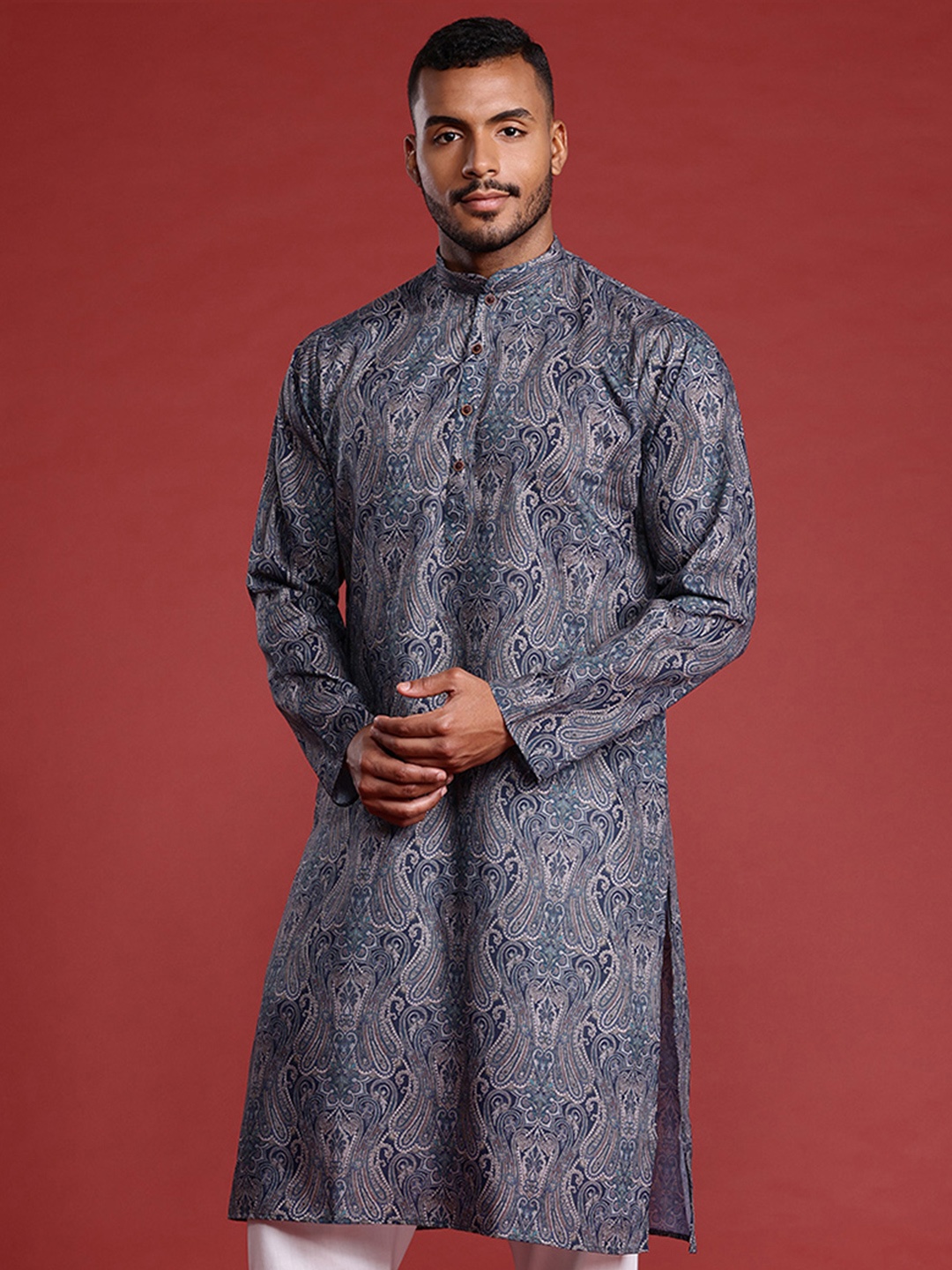 

MANQ Men Paisley Printed Pure Cotton Kurta with Pyjamas, Navy blue